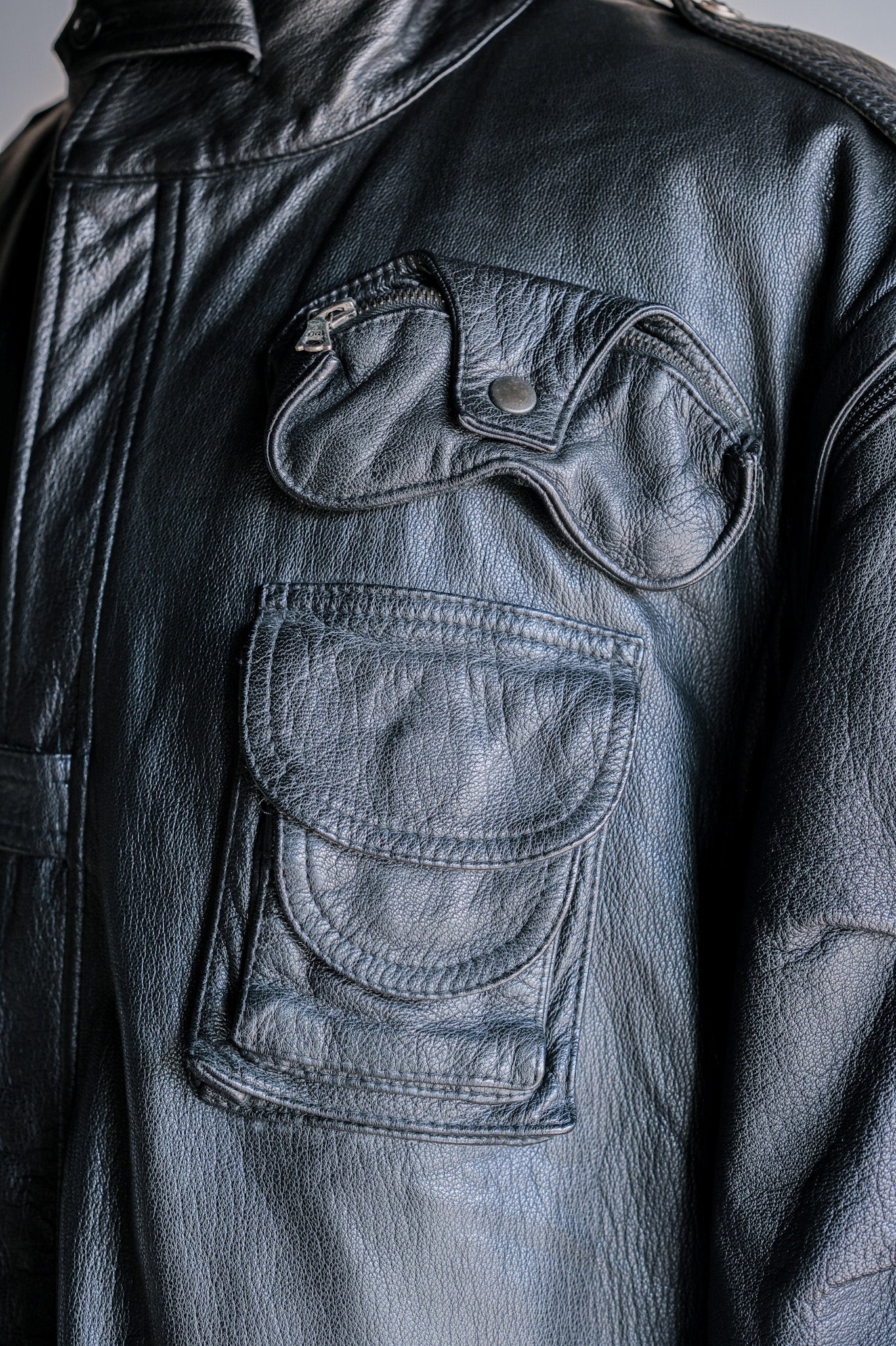 ［~80's］Old Renoma Paris Black Leather Detachable Sleeve Multi Pocket Jacket With Liner Size.XXL