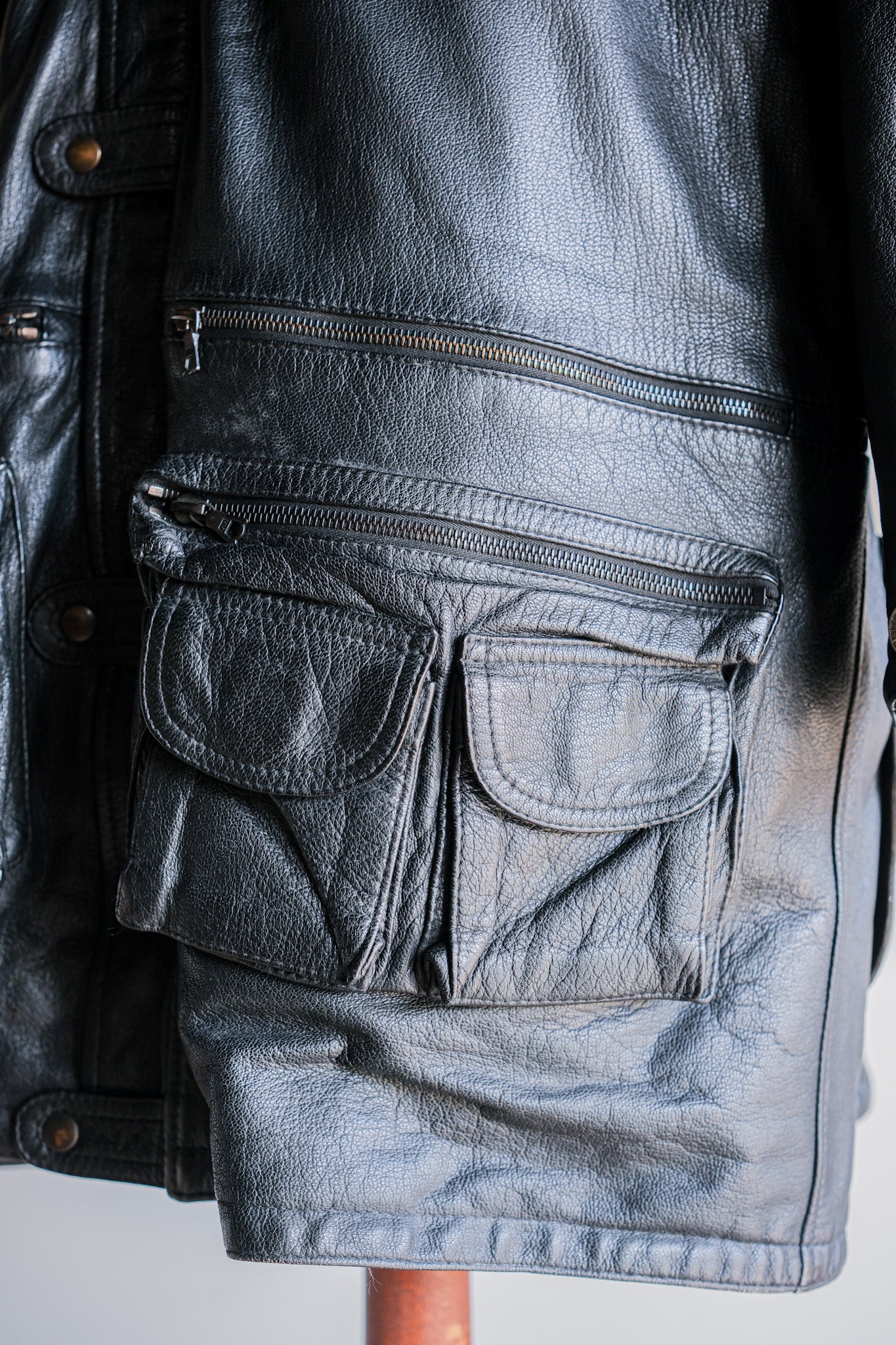 ［~80's］Old Renoma Paris Black Leather Detachable Sleeve Multi Pocket Jacket With Liner Size.XXL