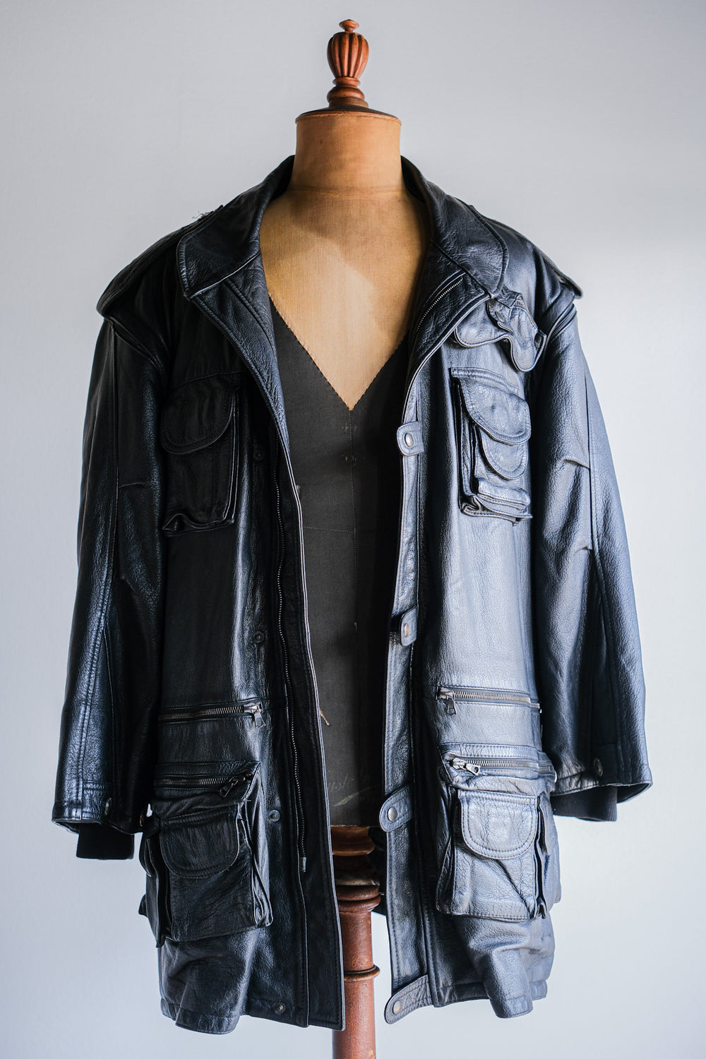 ［~80's］Old Renoma Paris Black Leather Detachable Sleeve Multi Pocket Jacket With Liner Size.XXL