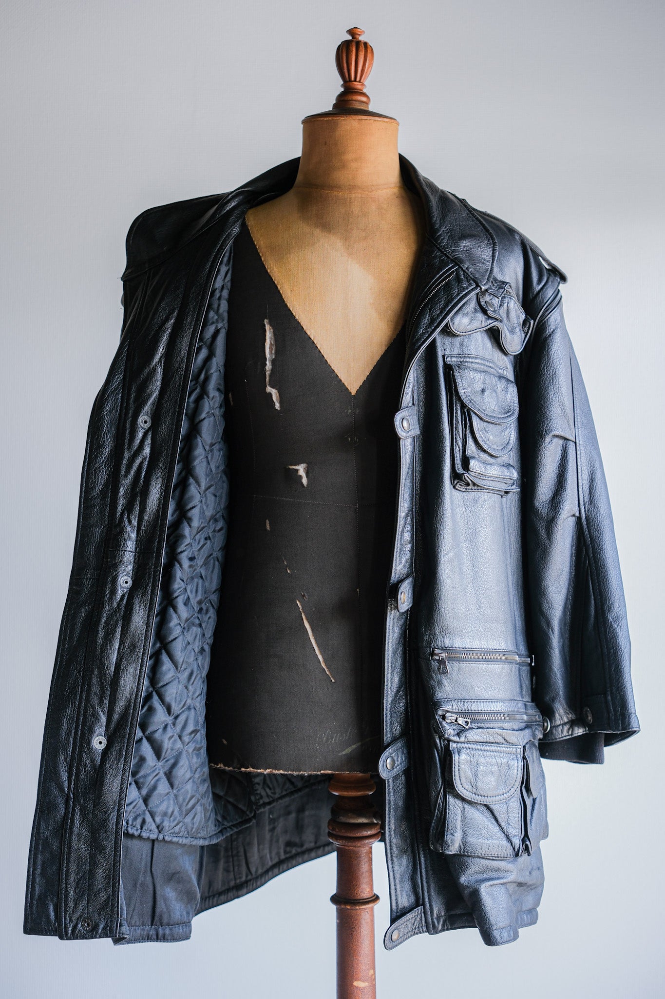 ［~80's］Old Renoma Paris Black Leather Detachable Sleeve Multi Pocket Jacket With Liner Size.XXL