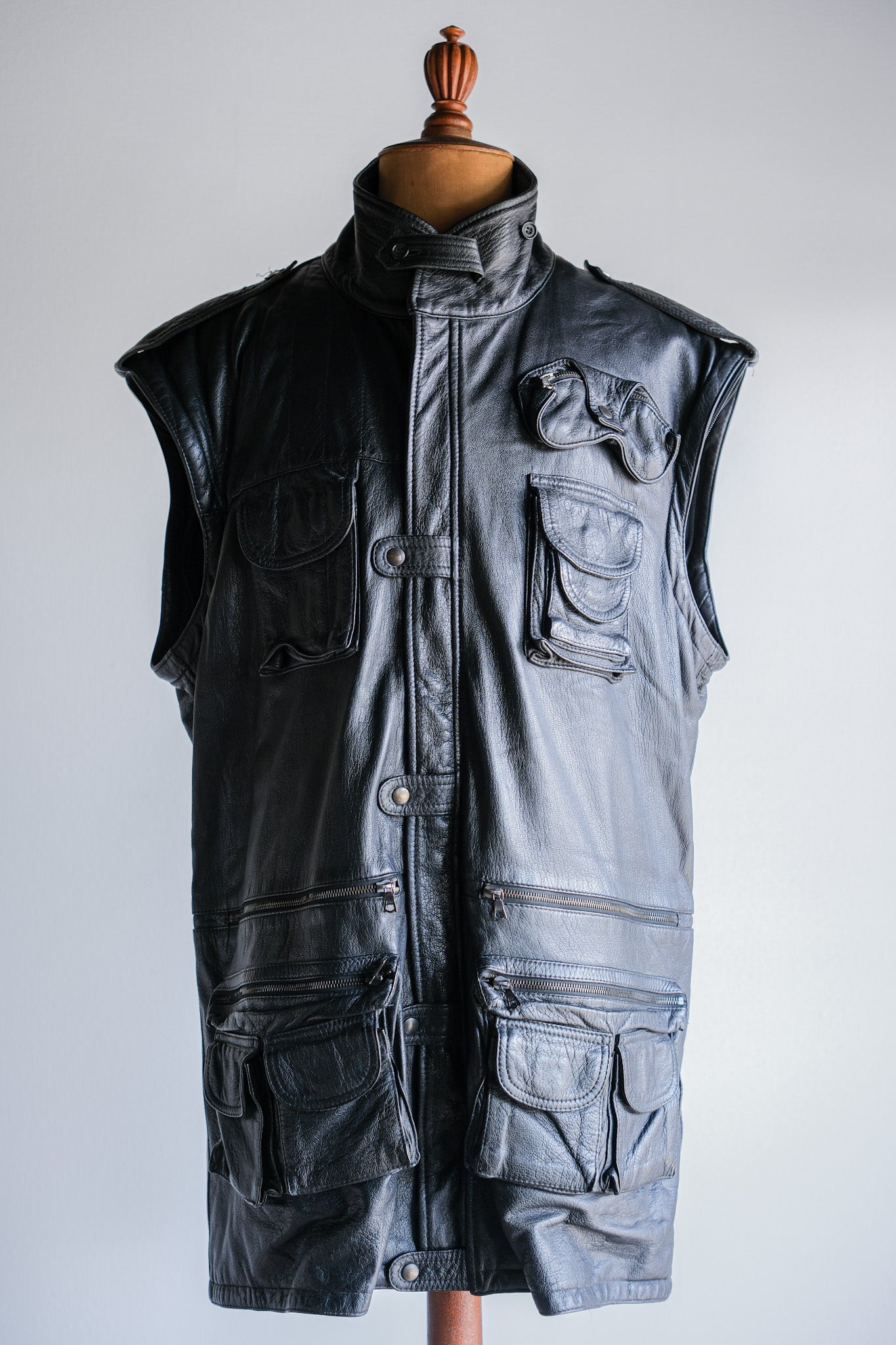 ［~80's］Old Renoma Paris Black Leather Detachable Sleeve Multi Pocket Jacket With Liner Size.XXL