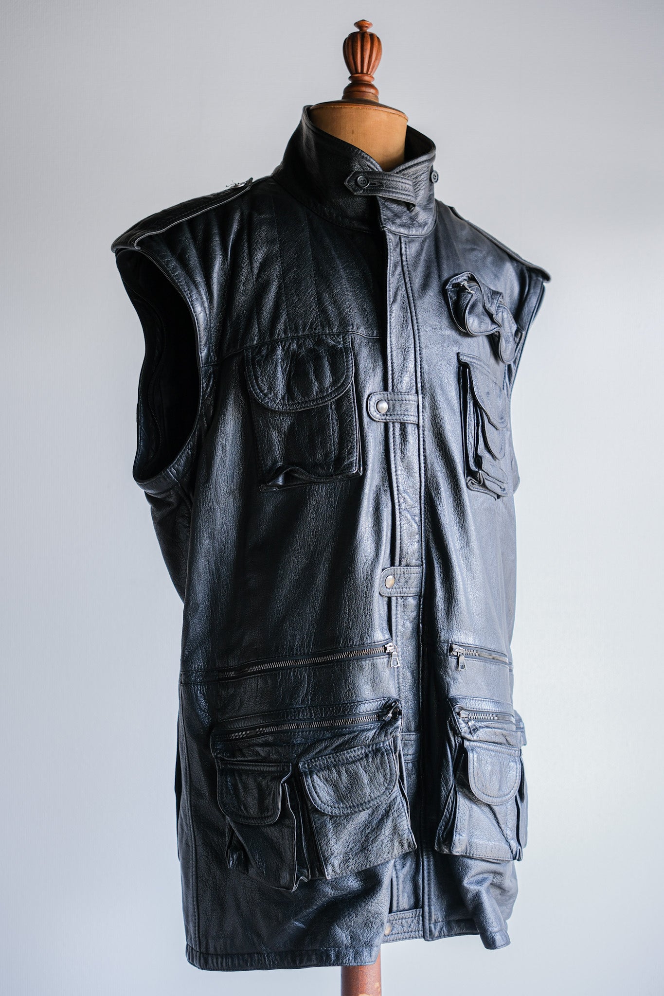 ［~80's］Old Renoma Paris Black Leather Detachable Sleeve Multi Pocket Jacket With Liner Size.XXL