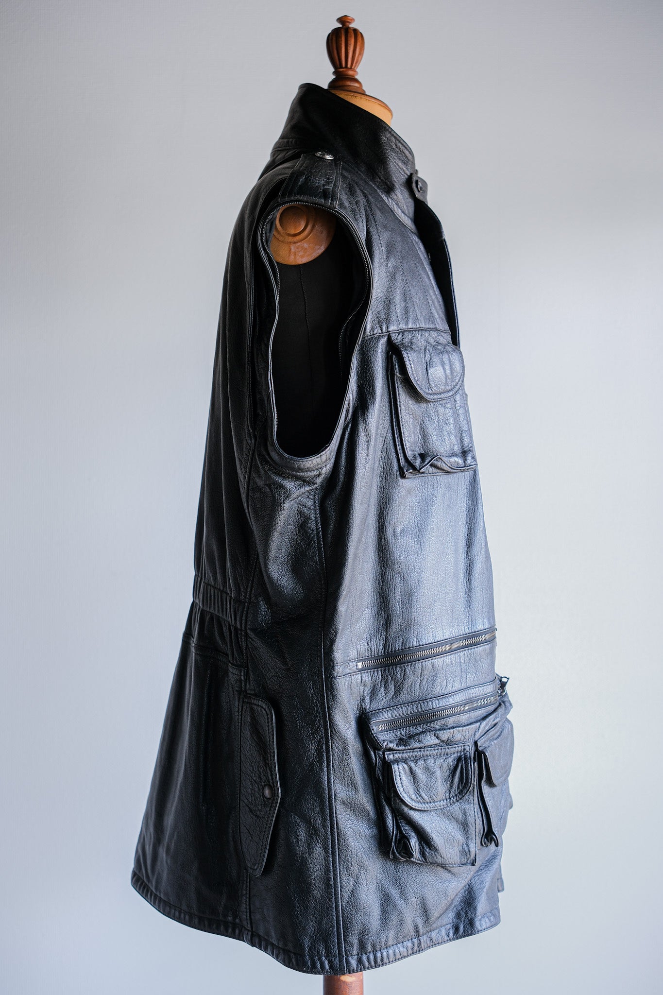 ［~80's］Old Renoma Paris Black Leather Detachable Sleeve Multi Pocket Jacket With Liner Size.XXL