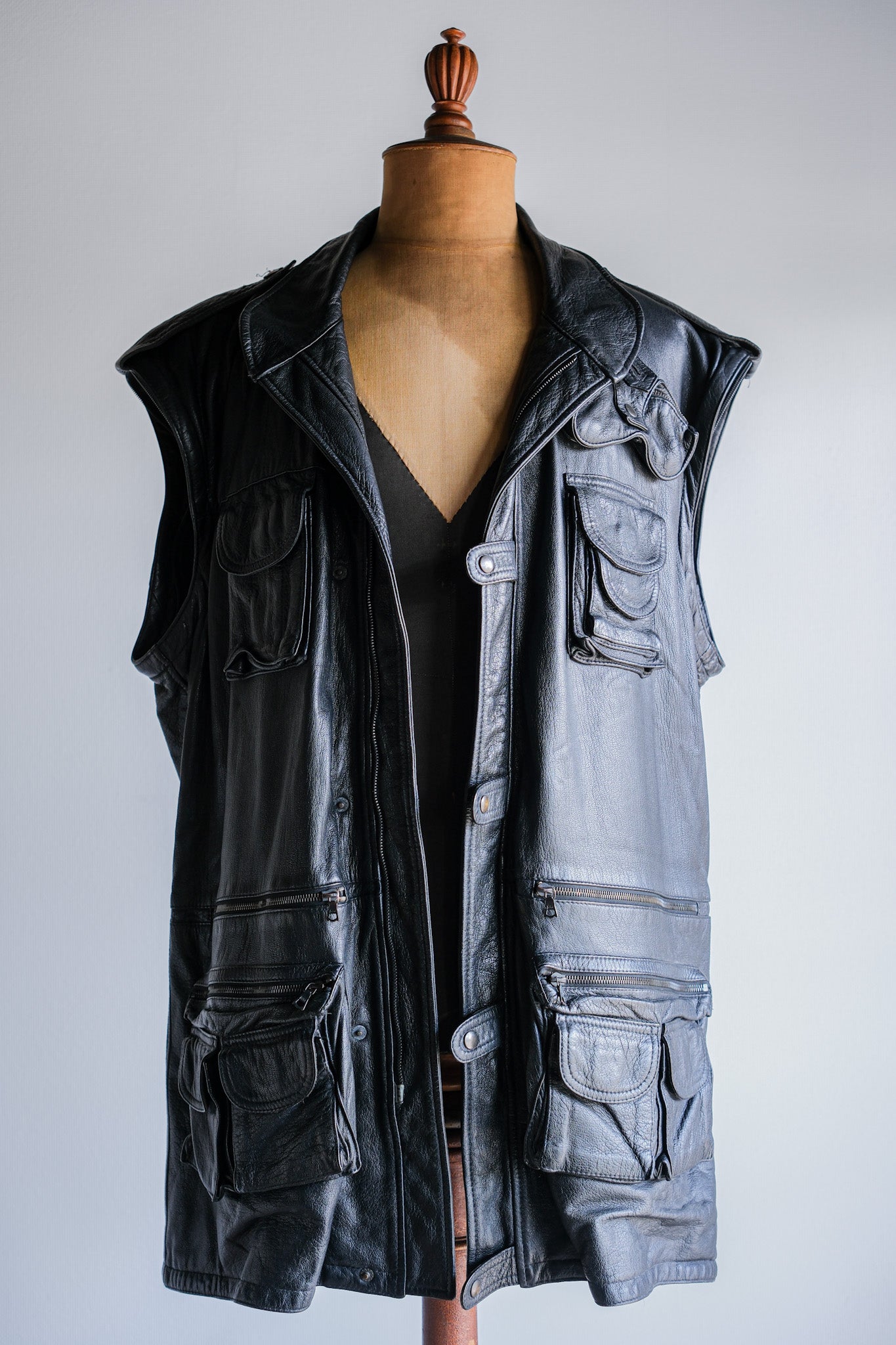 ［~80's］Old Renoma Paris Black Leather Detachable Sleeve Multi Pocket Jacket With Liner Size.XXL