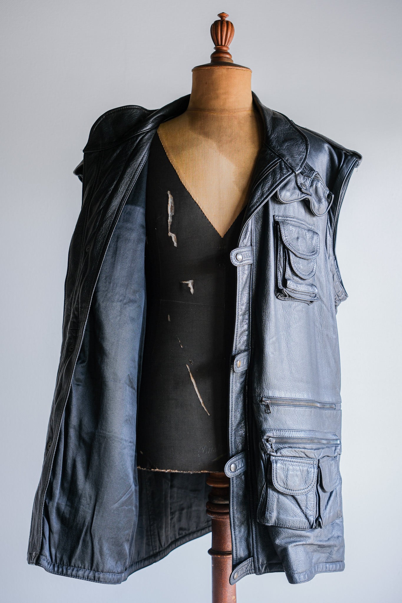 ［~80's］Old Renoma Paris Black Leather Detachable Sleeve Multi Pocket Jacket With Liner Size.XXL