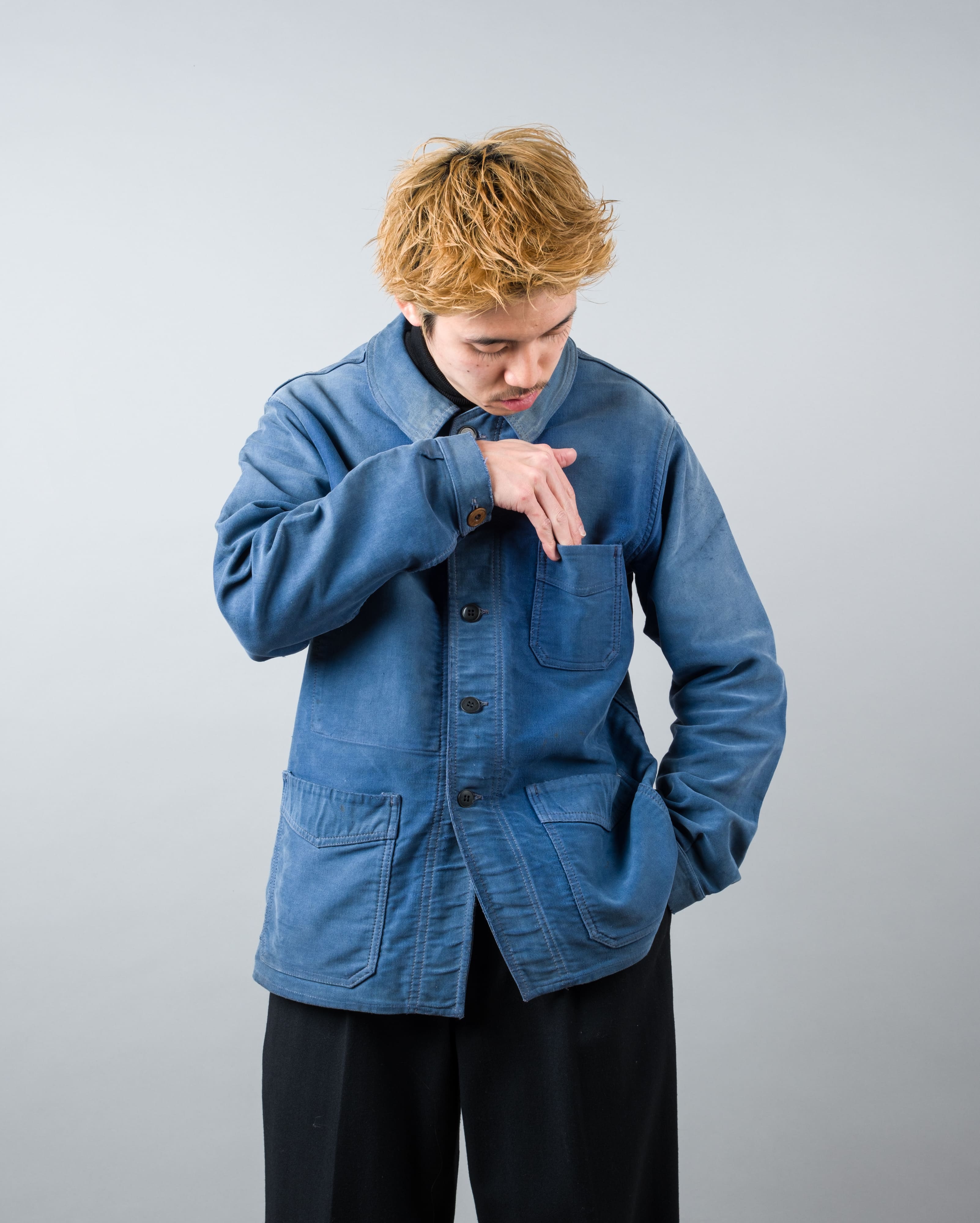 【~50’s】French Vintage Blue Moleskin Work Jacket "Le Mont St Michel"