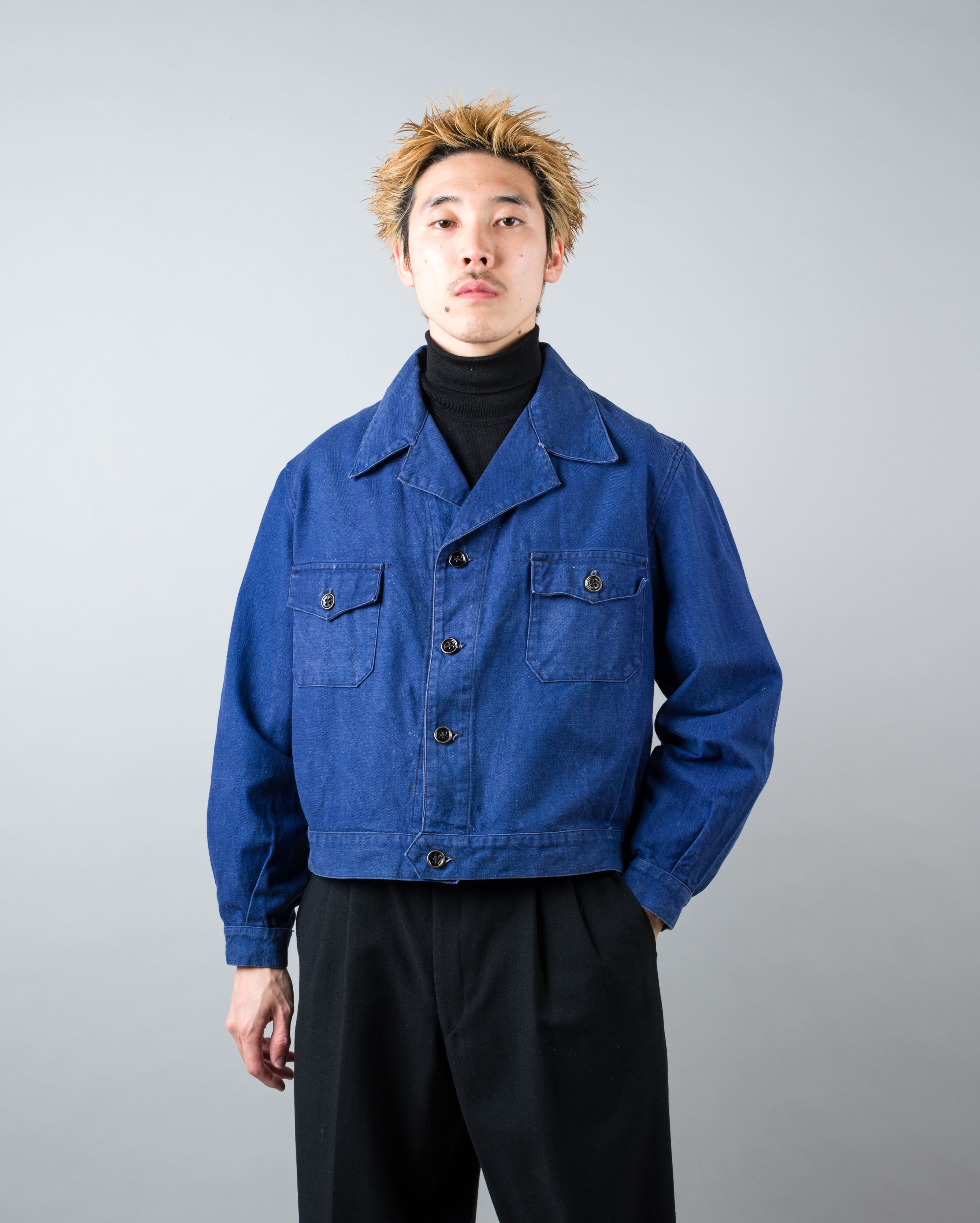 【~40's】French Vintage Deep Blue Cotton Twill Cyclist Jacket