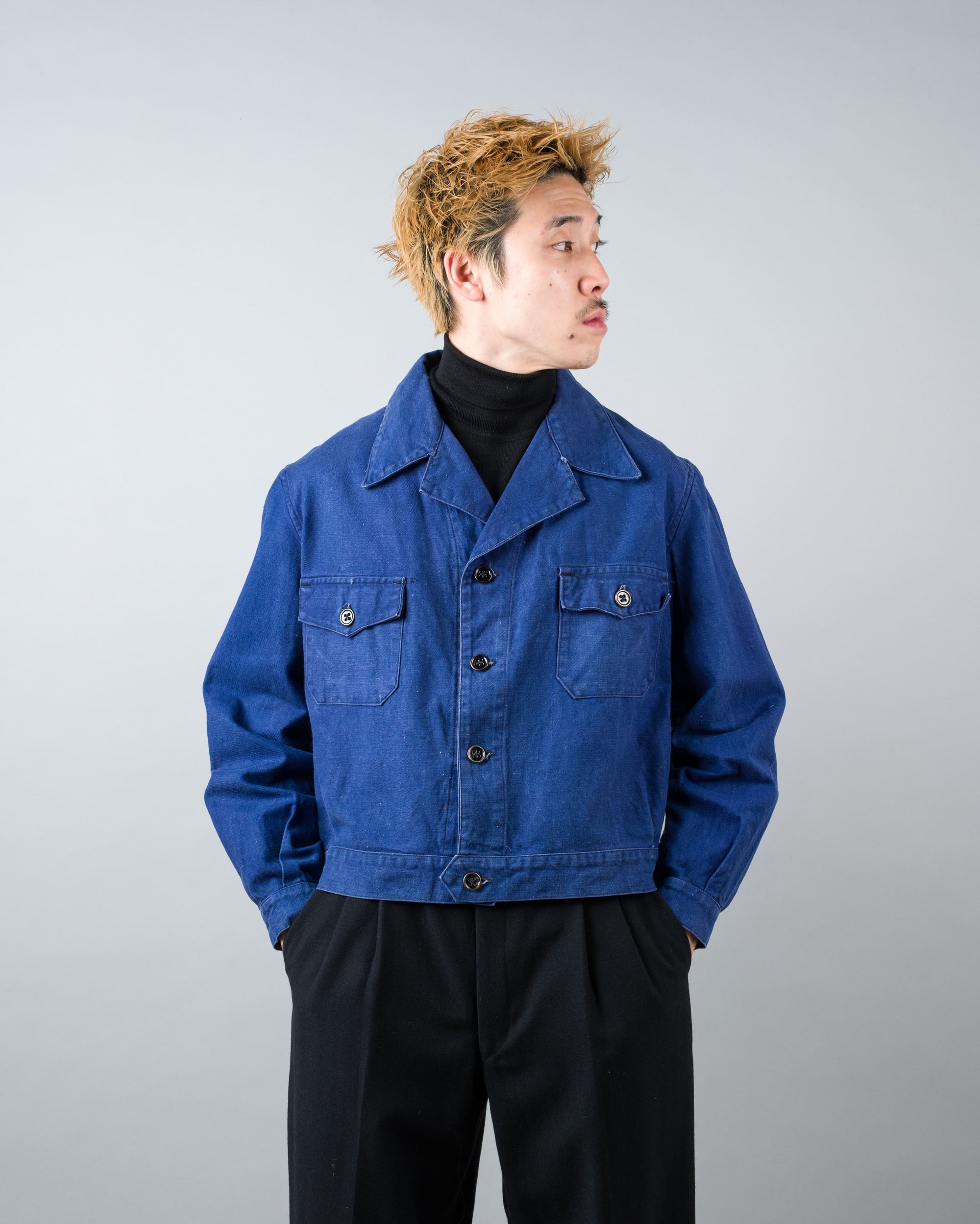 【~40's】French Vintage Deep Blue Cotton Twill Cyclist Jacket