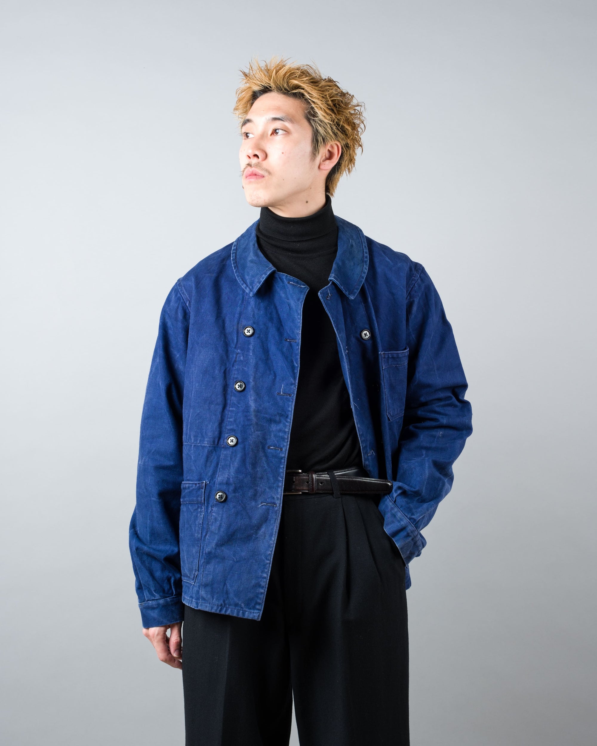 ［~50's］French Vintage Deep Blue Cotton Twill Double Breasted Work Jacket