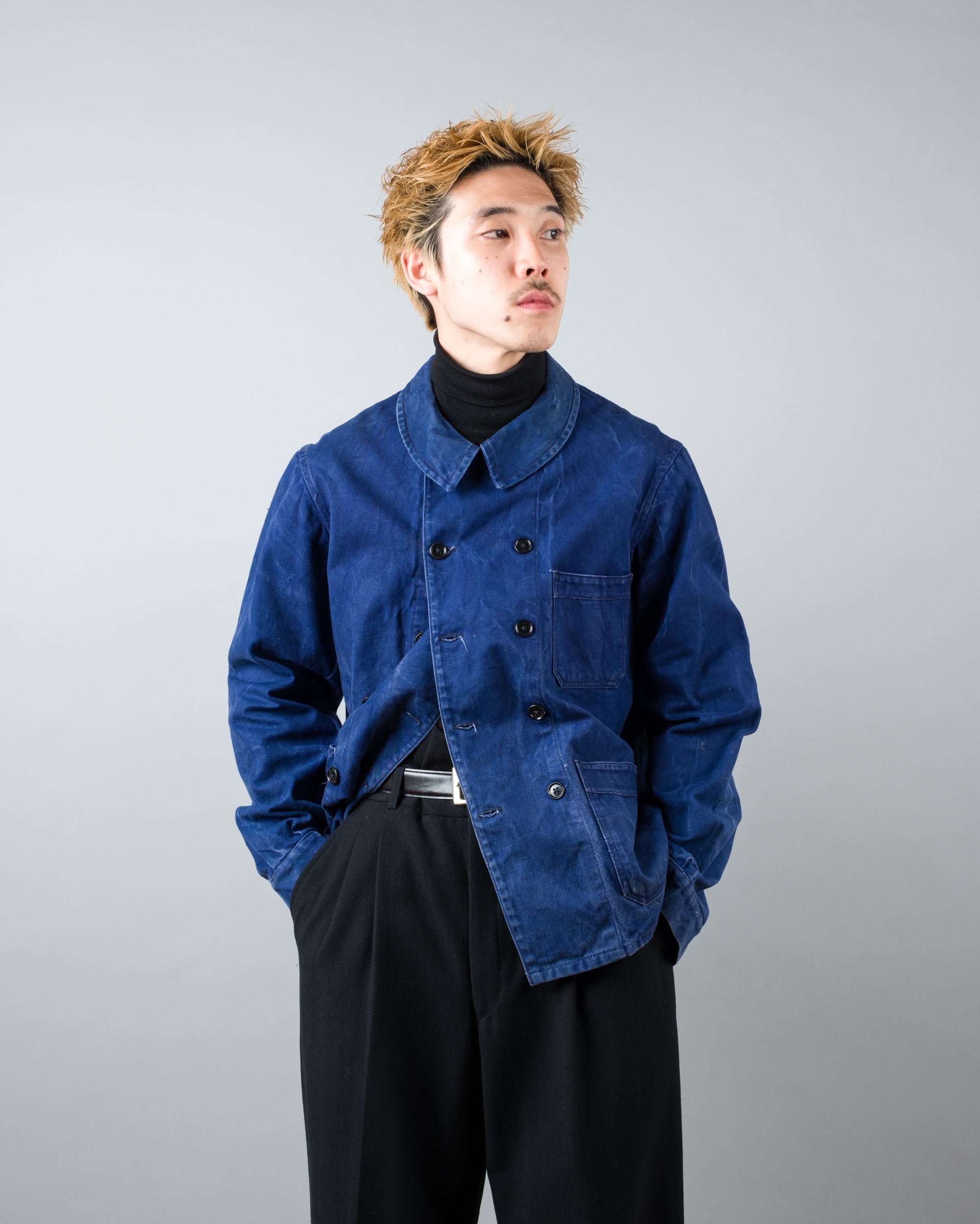 ［~50's］French Vintage Deep Blue Cotton Twill Double Breasted Work Jacket