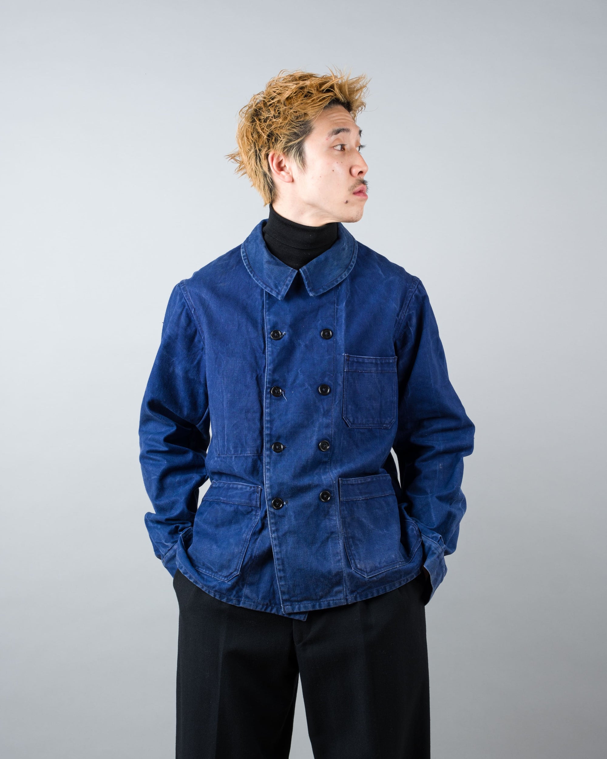 ［~50's］French Vintage Deep Blue Cotton Twill Double Breasted Work Jacket