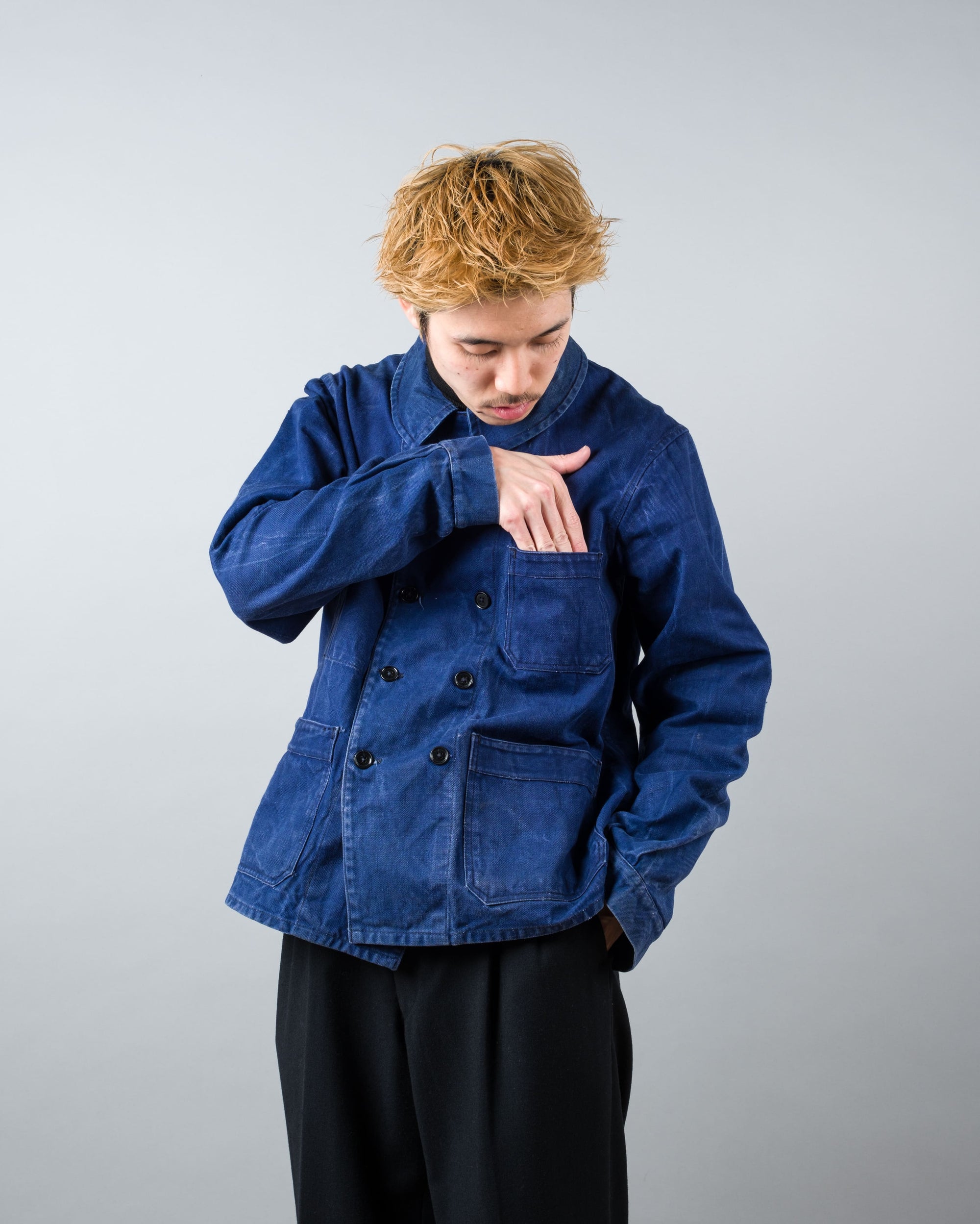 ［~50's］French Vintage Deep Blue Cotton Twill Double Breasted Work Jacket