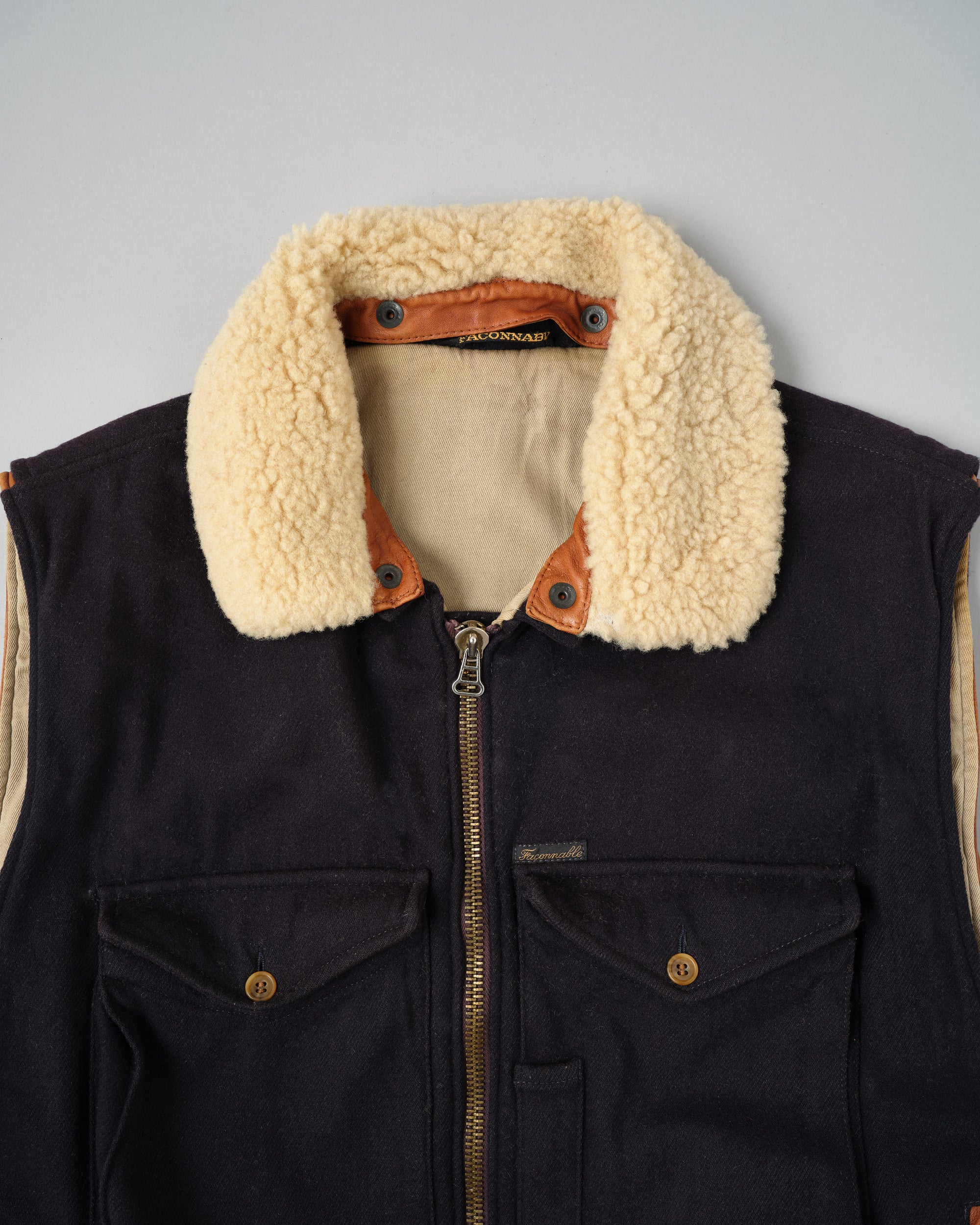 【~80’s】Vintage Façonnable Boa Collar Mixed Wool Vest Size.3