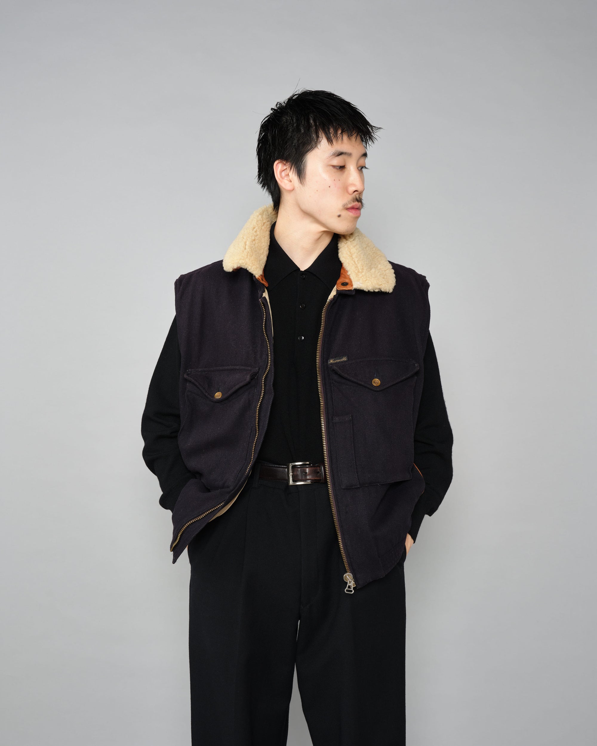 【~80’s】Vintage Façonnable Boa Collar Mixed Wool Vest Size.3