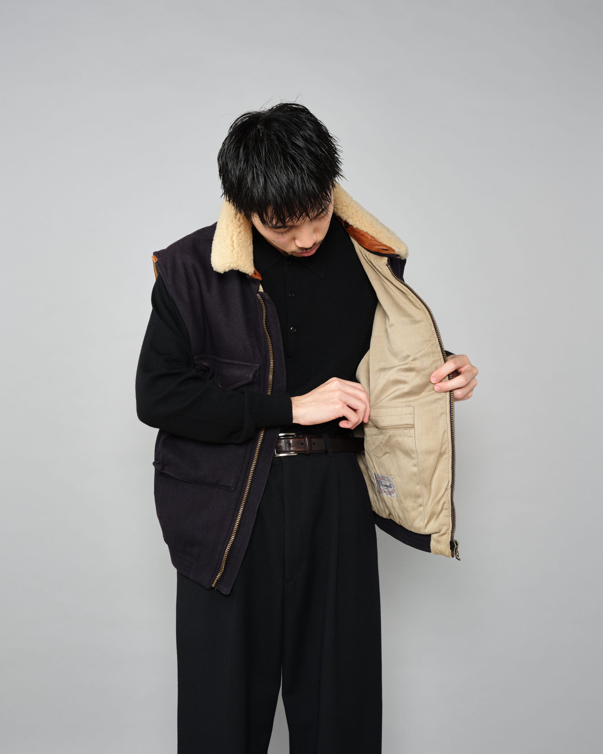 【~80’s】Vintage Façonnable Boa Collar Mixed Wool Vest Size.3