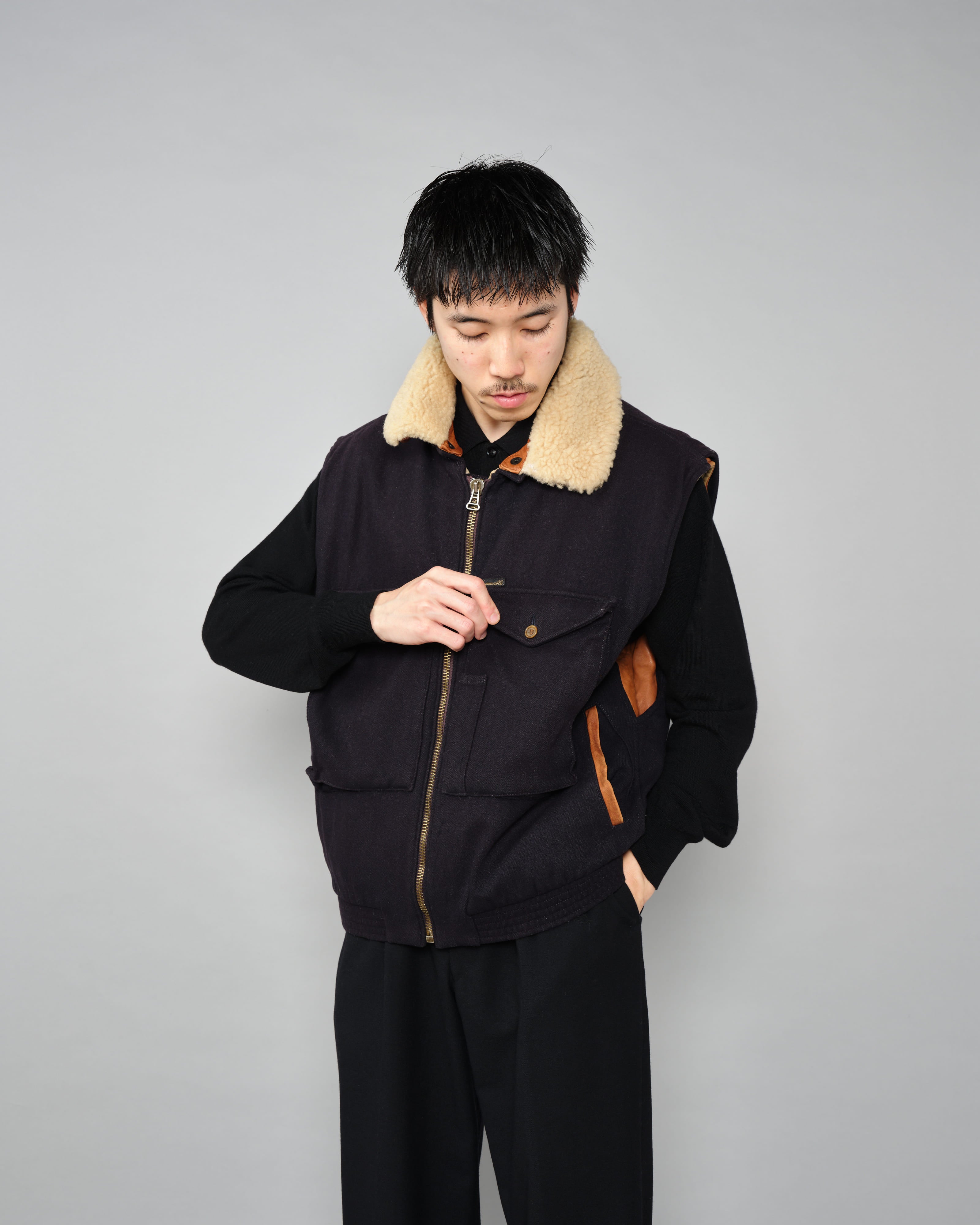 【~80’s】Vintage Façonnable Boa Collar Mixed Wool Vest Size.3