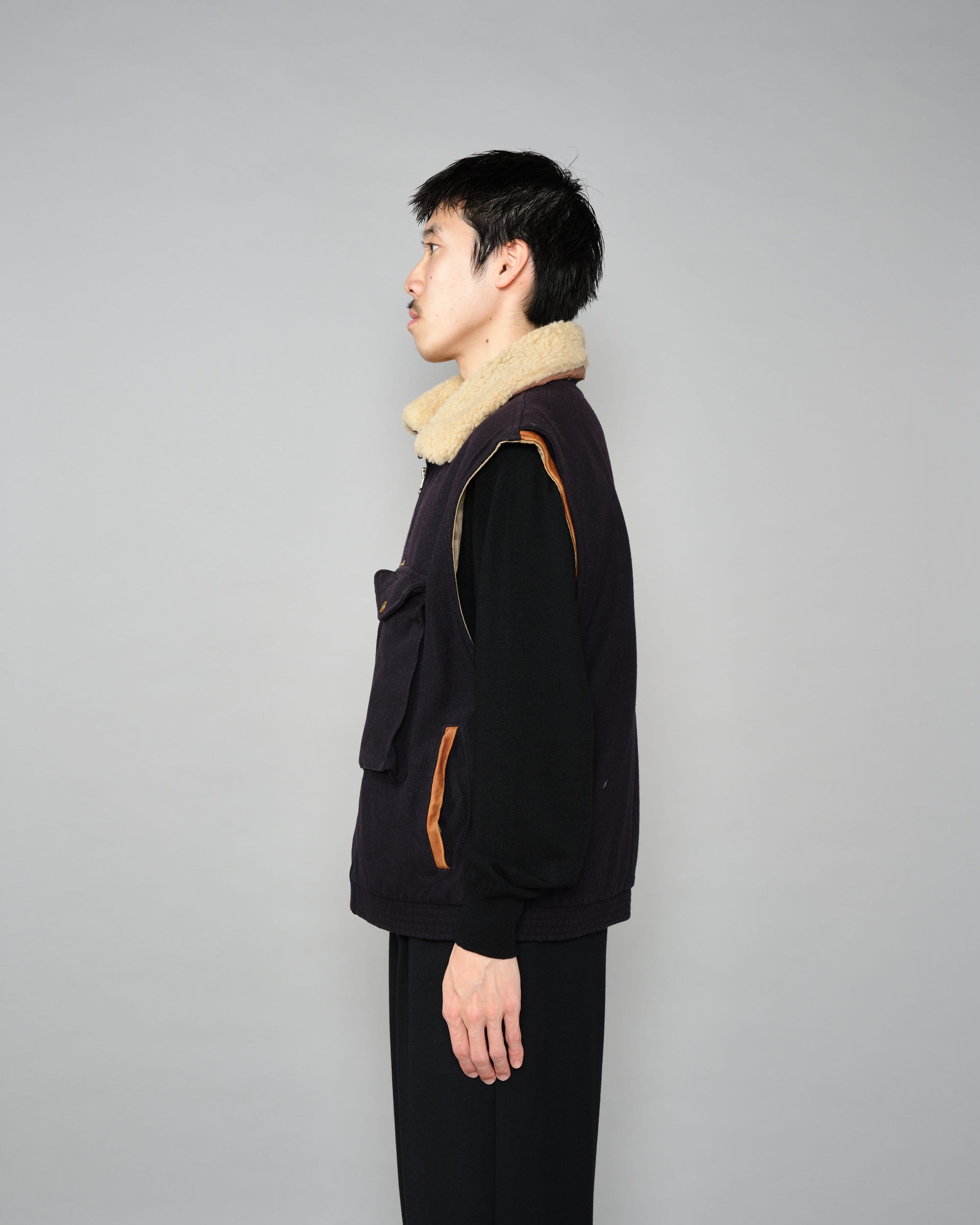 【~80’s】Vintage Façonnable Boa Collar Mixed Wool Vest Size.3