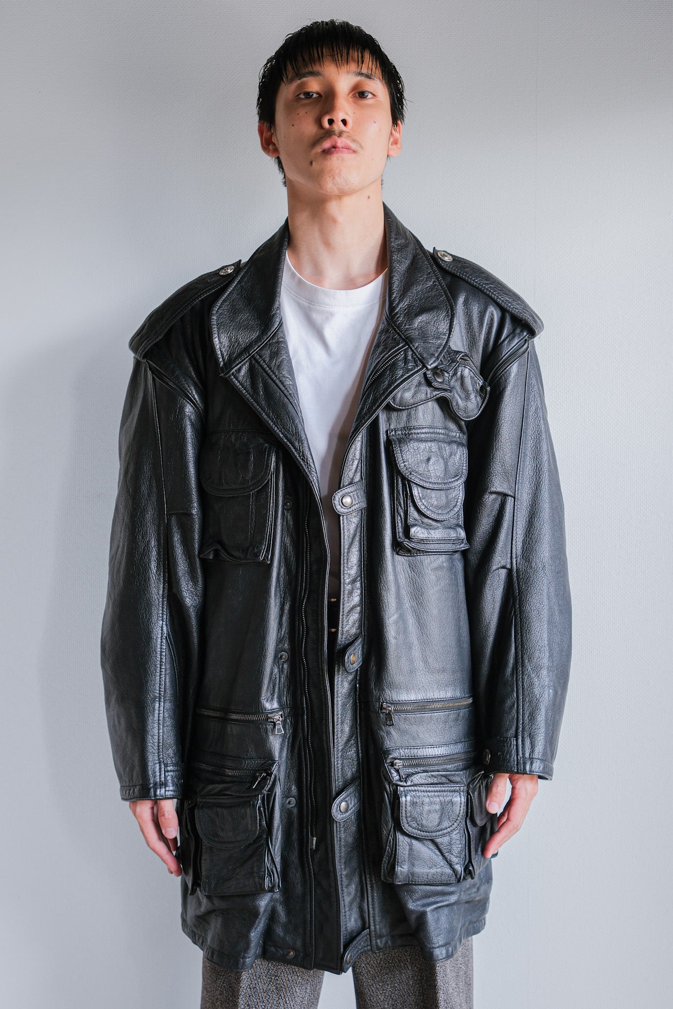 ［~80's］Old Renoma Paris Black Leather Detachable Sleeve Multi Pocket Jacket With Liner Size.XXL