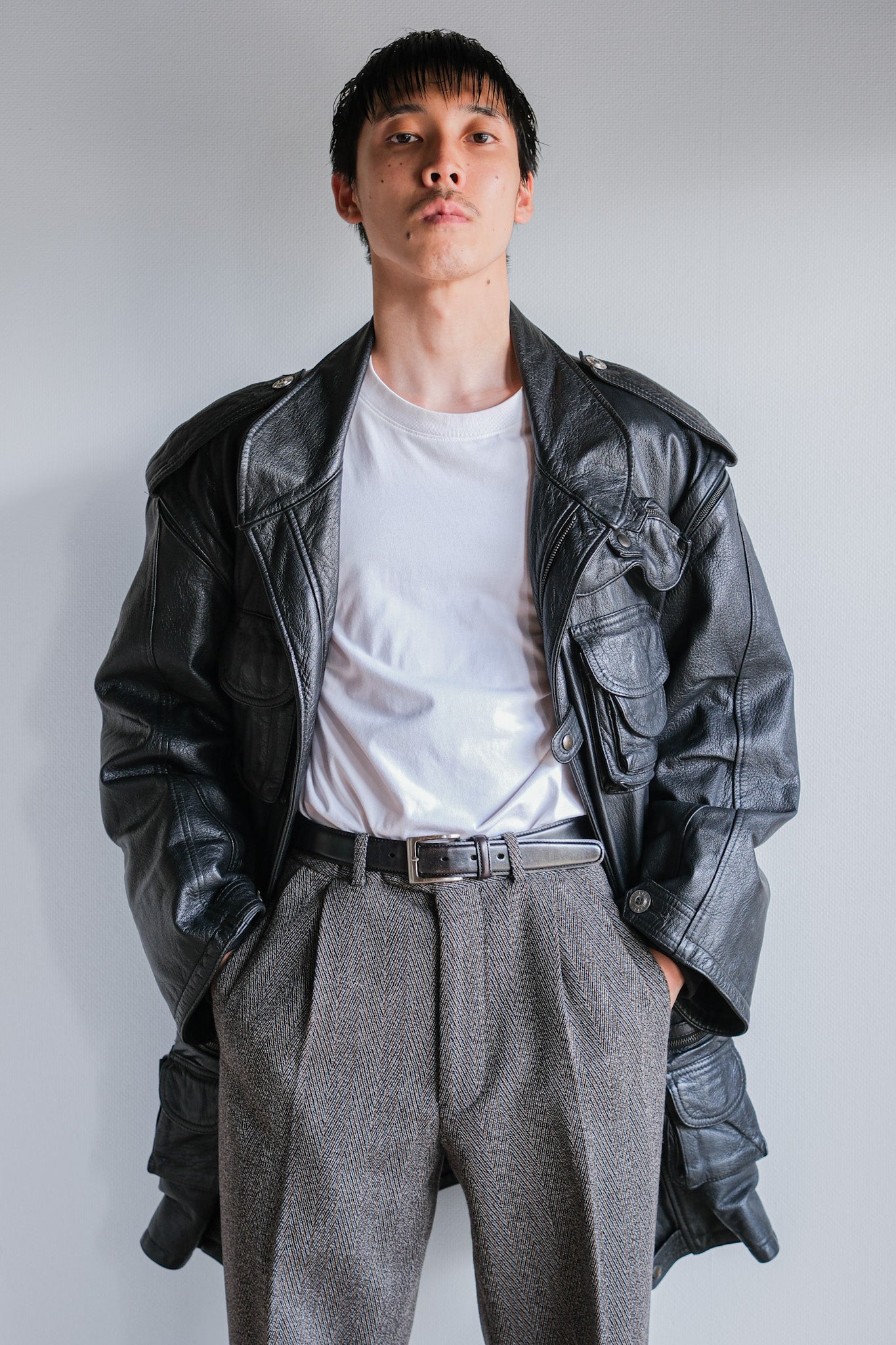 ［~80's］Old Renoma Paris Black Leather Detachable Sleeve Multi Pocket Jacket With Liner Size.XXL