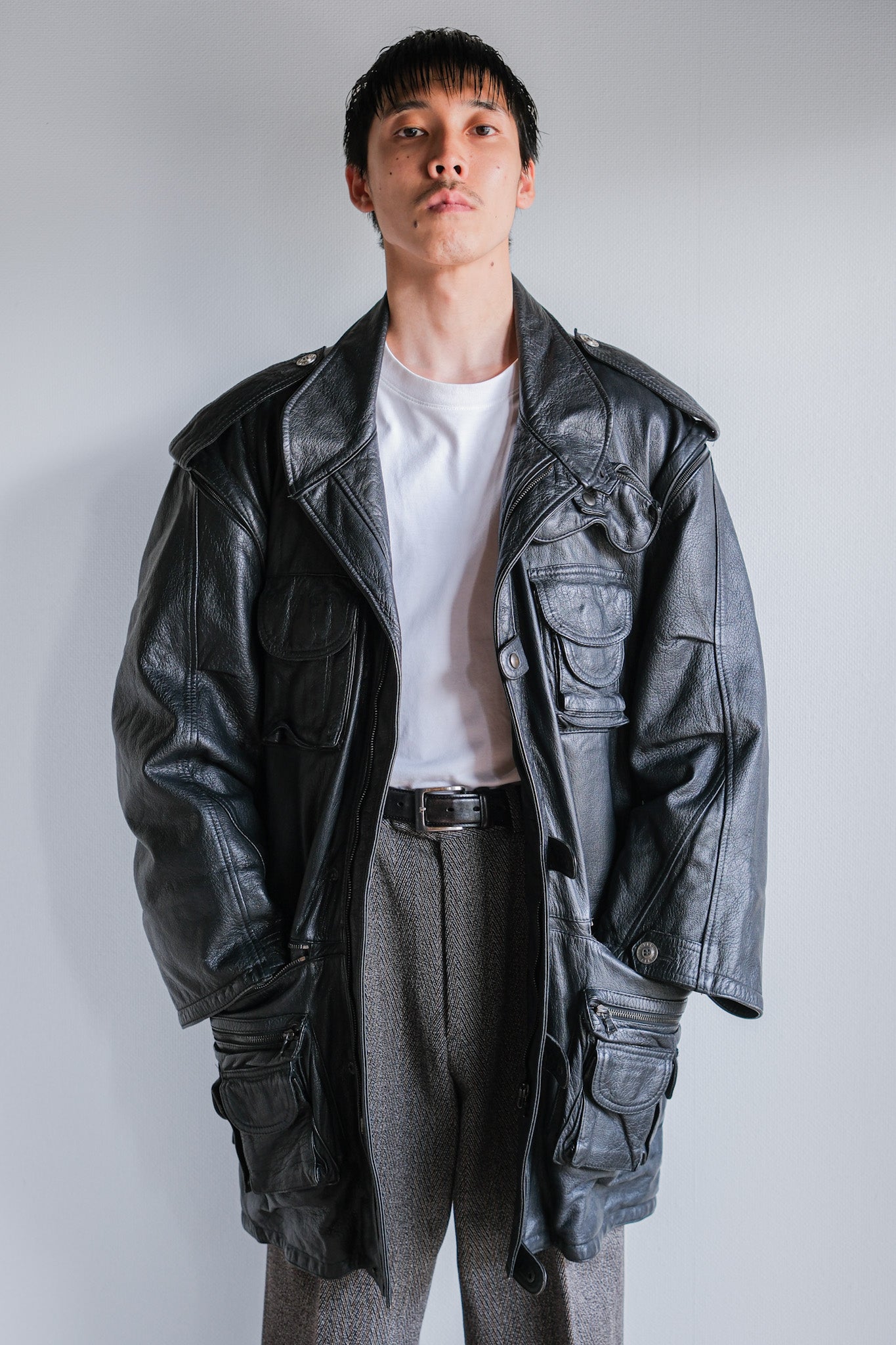 ［~80's］Old Renoma Paris Black Leather Detachable Sleeve Multi Pocket Jacket With Liner Size.XXL