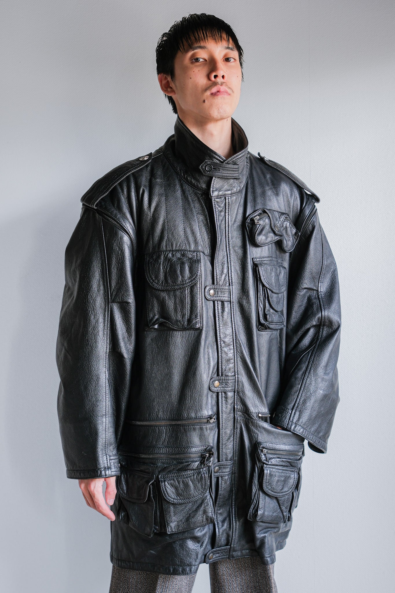 ［~80's］Old Renoma Paris Black Leather Detachable Sleeve Multi Pocket Jacket With Liner Size.XXL