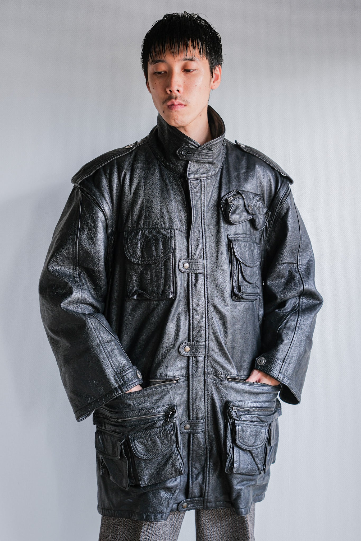 ［~80's］Old Renoma Paris Black Leather Detachable Sleeve Multi Pocket Jacket With Liner Size.XXL