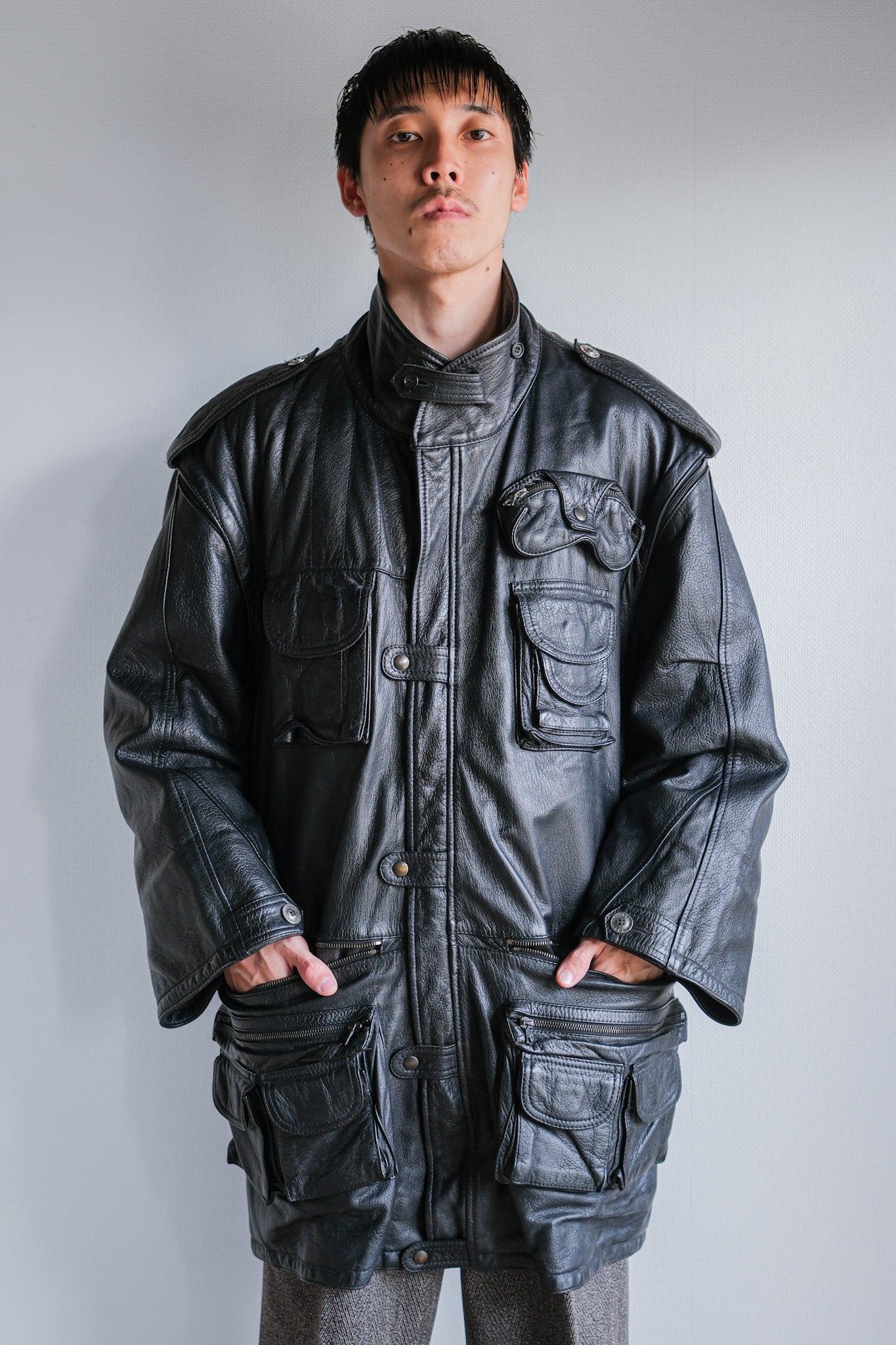 ［~80's］Old Renoma Paris Black Leather Detachable Sleeve Multi Pocket Jacket With Liner Size.XXL