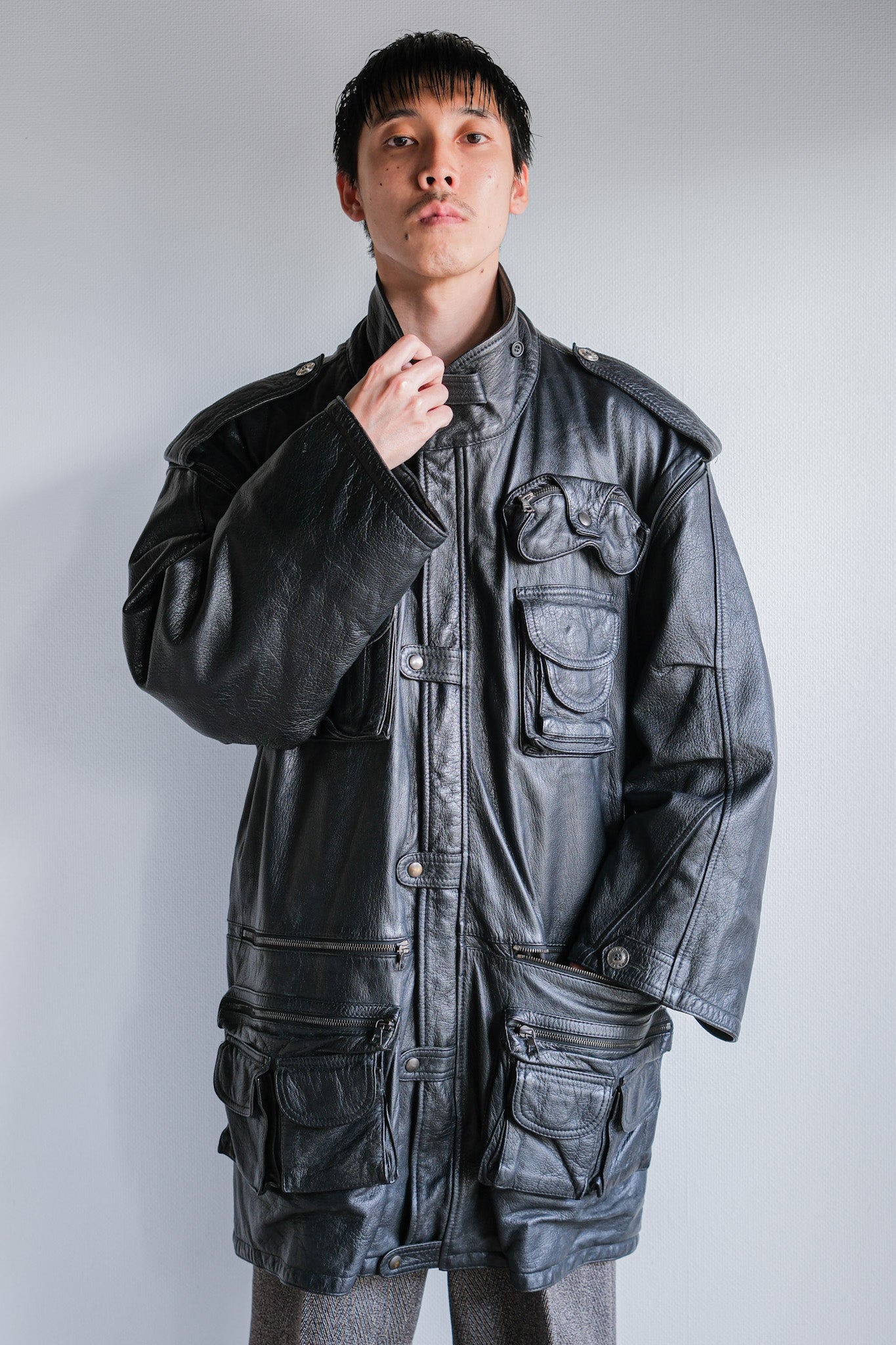 [~ 80's] Old Renoma Paris Black Leather Detachable Sleeve Multi Pocket Jacket with Liner Size.xxl