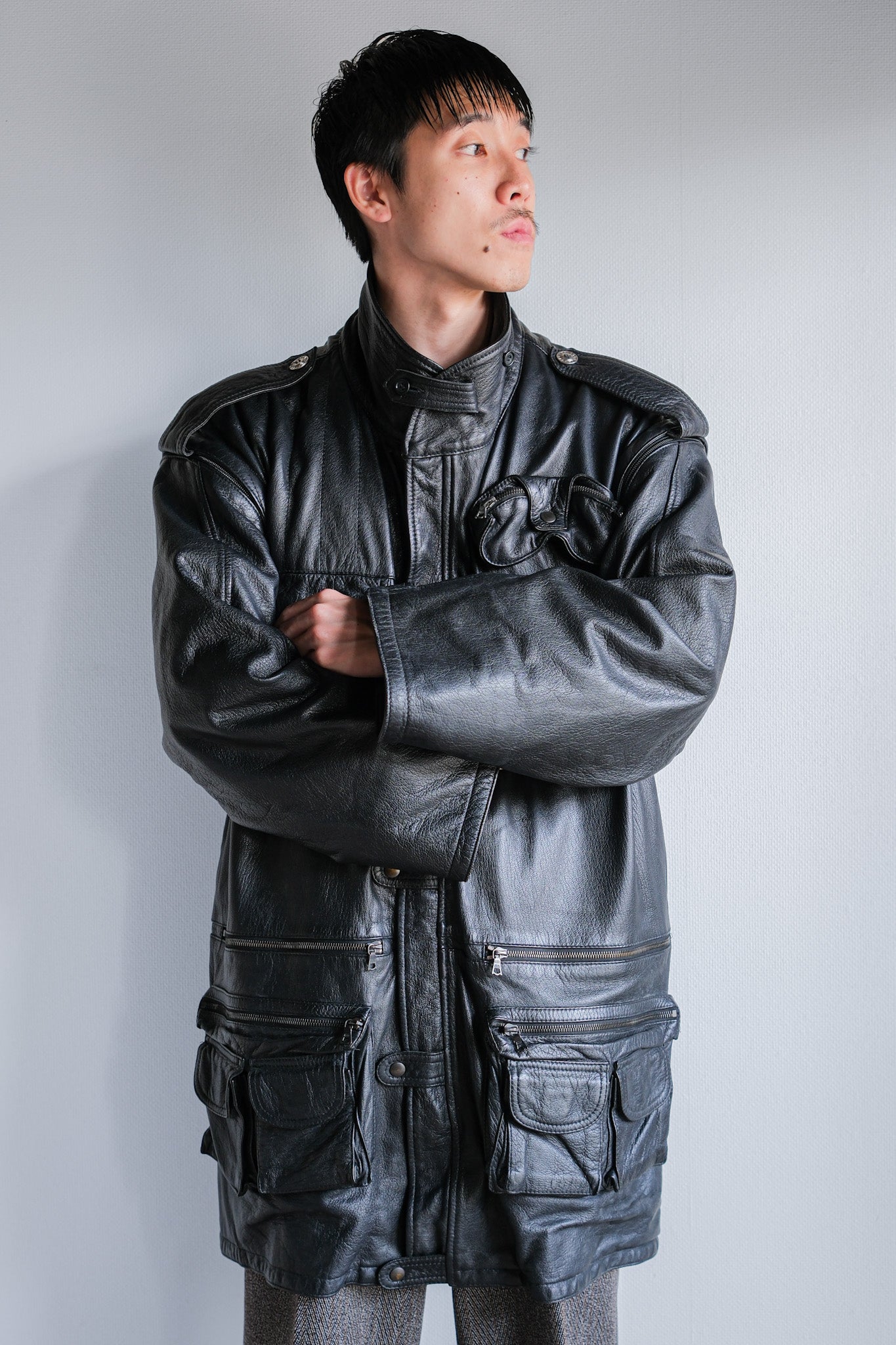 [~ 80's] Old Renoma Paris Black Leather Detachable Sleeve Multi Pocket Jacket with Liner Size.xxl