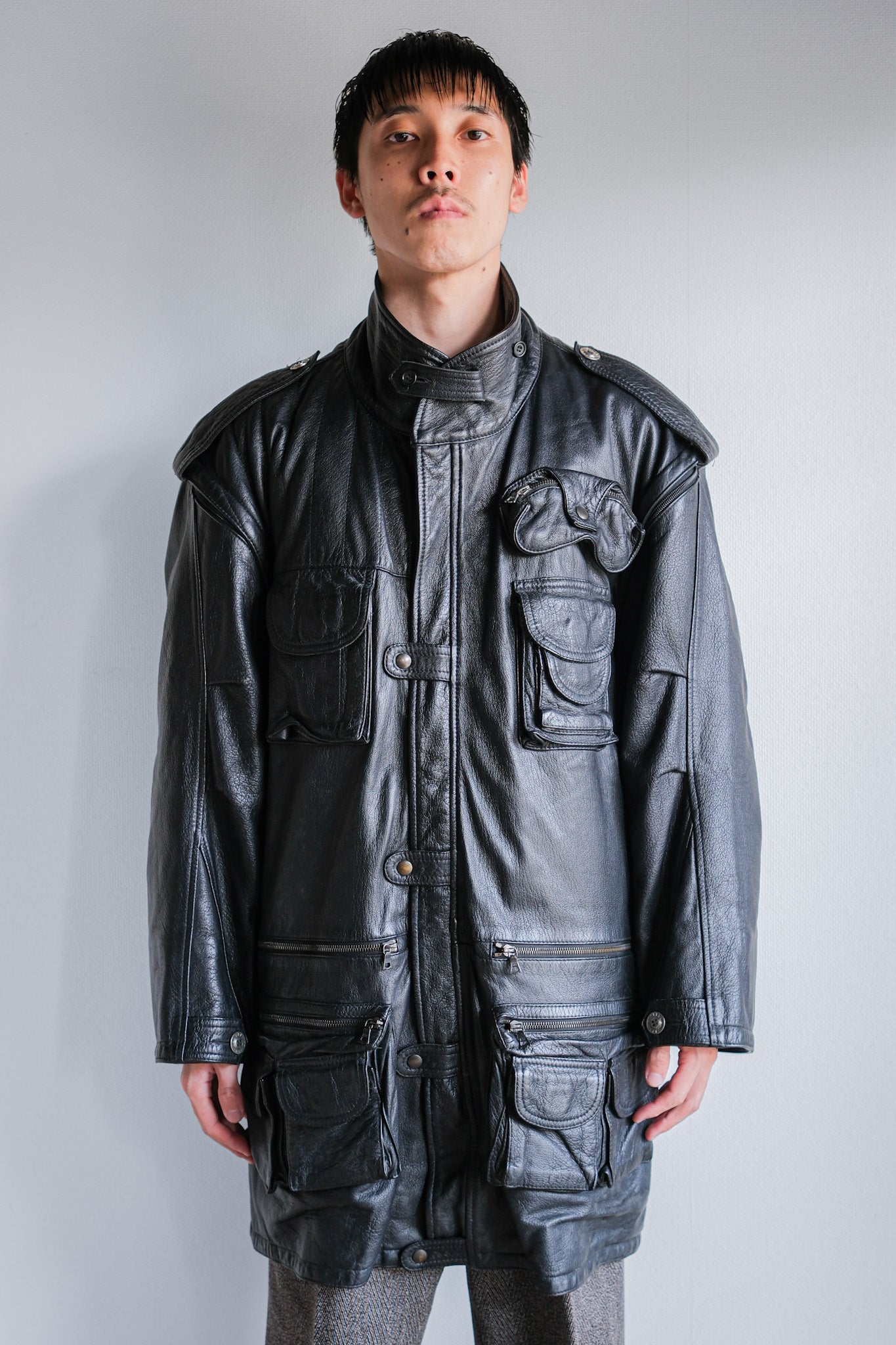 ［~80's］Old Renoma Paris Black Leather Detachable Sleeve Multi Pocket Jacket With Liner Size.XXL