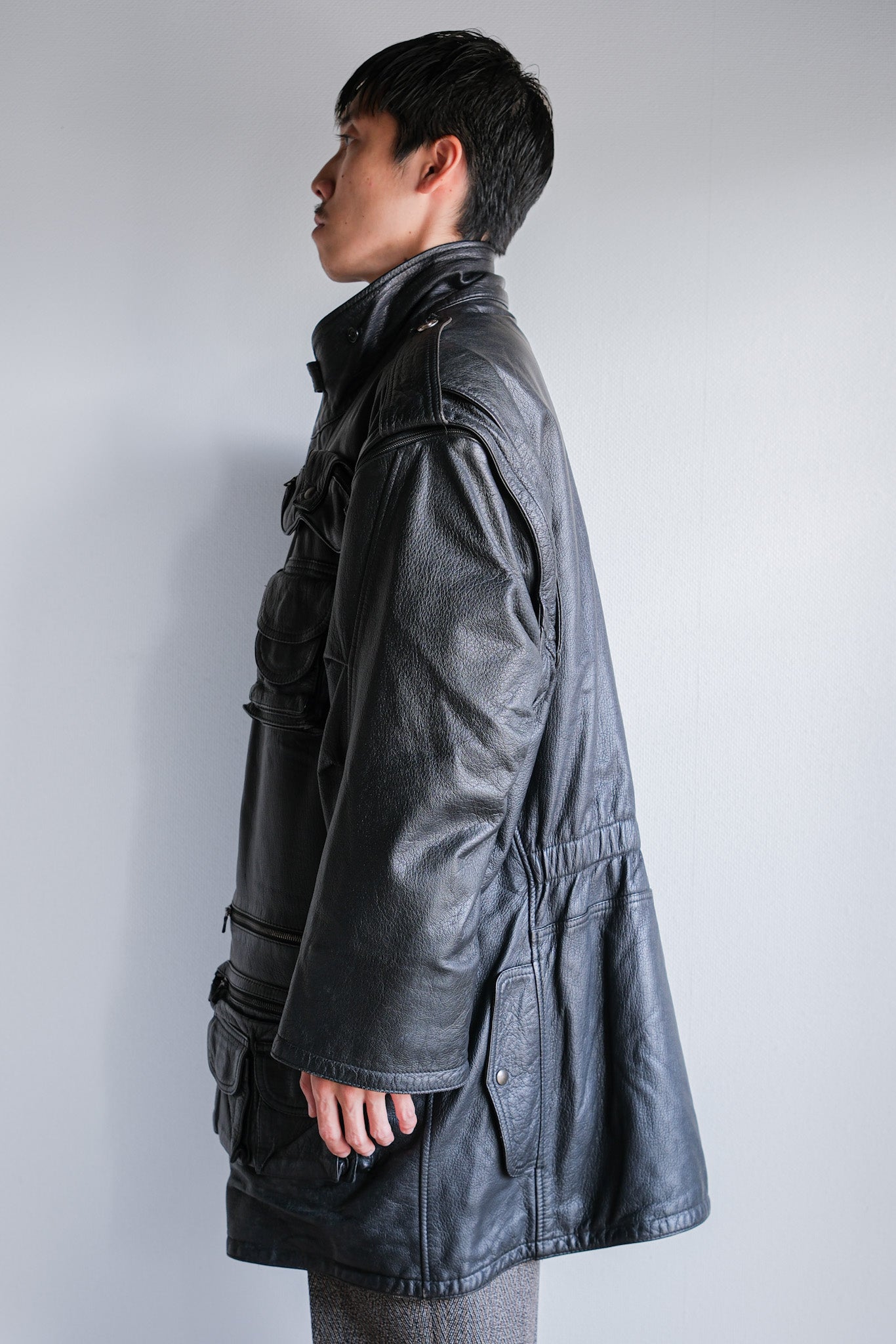 [~ 80's] Old Renoma Paris Black Leather Detachable Sleeve Multi Pocket Jacket with Liner Size.xxl