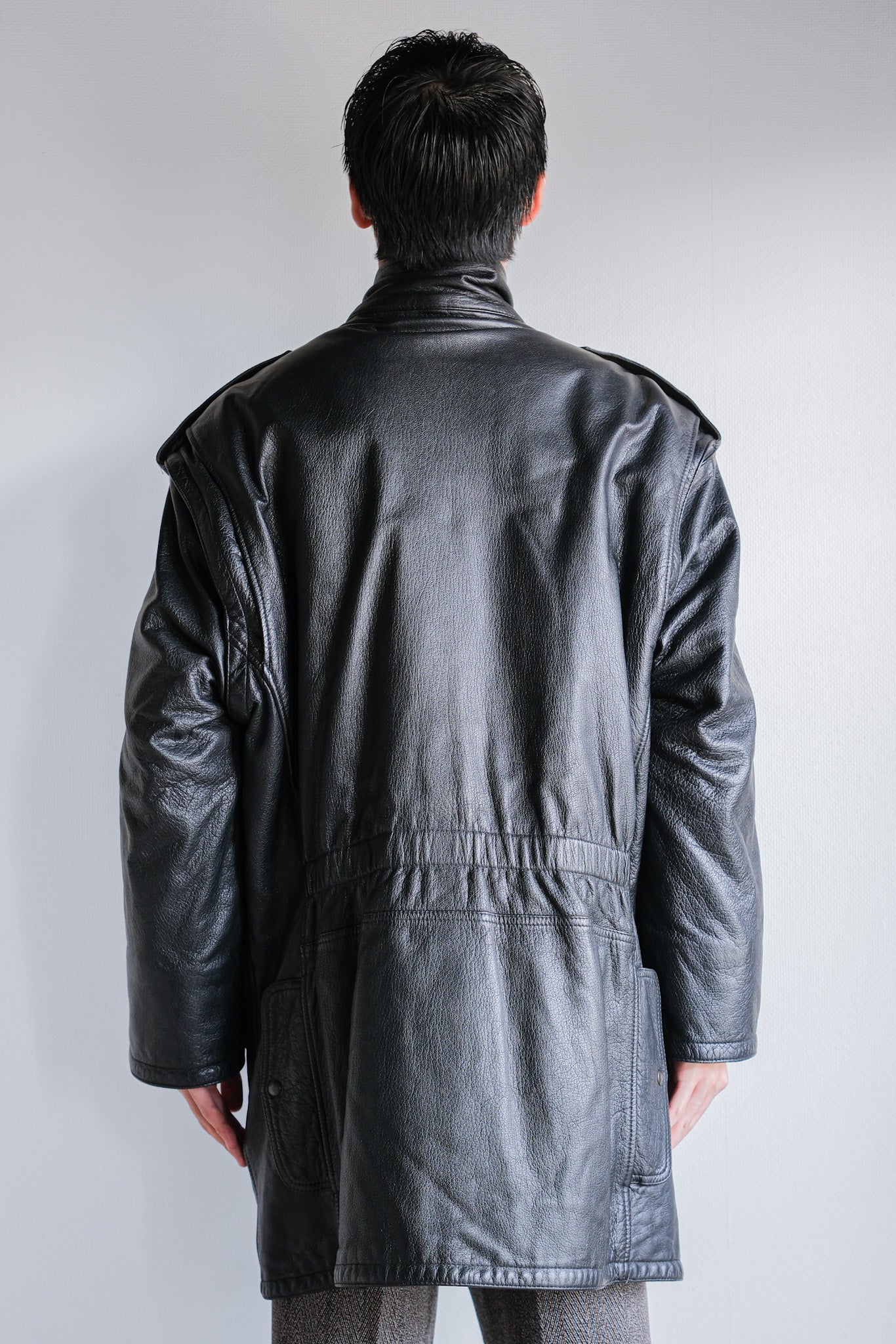 [~ 80's] Old Renoma Paris Black Leather Detachable Sleeve Multi Pocket Jacket with Liner Size.xxl