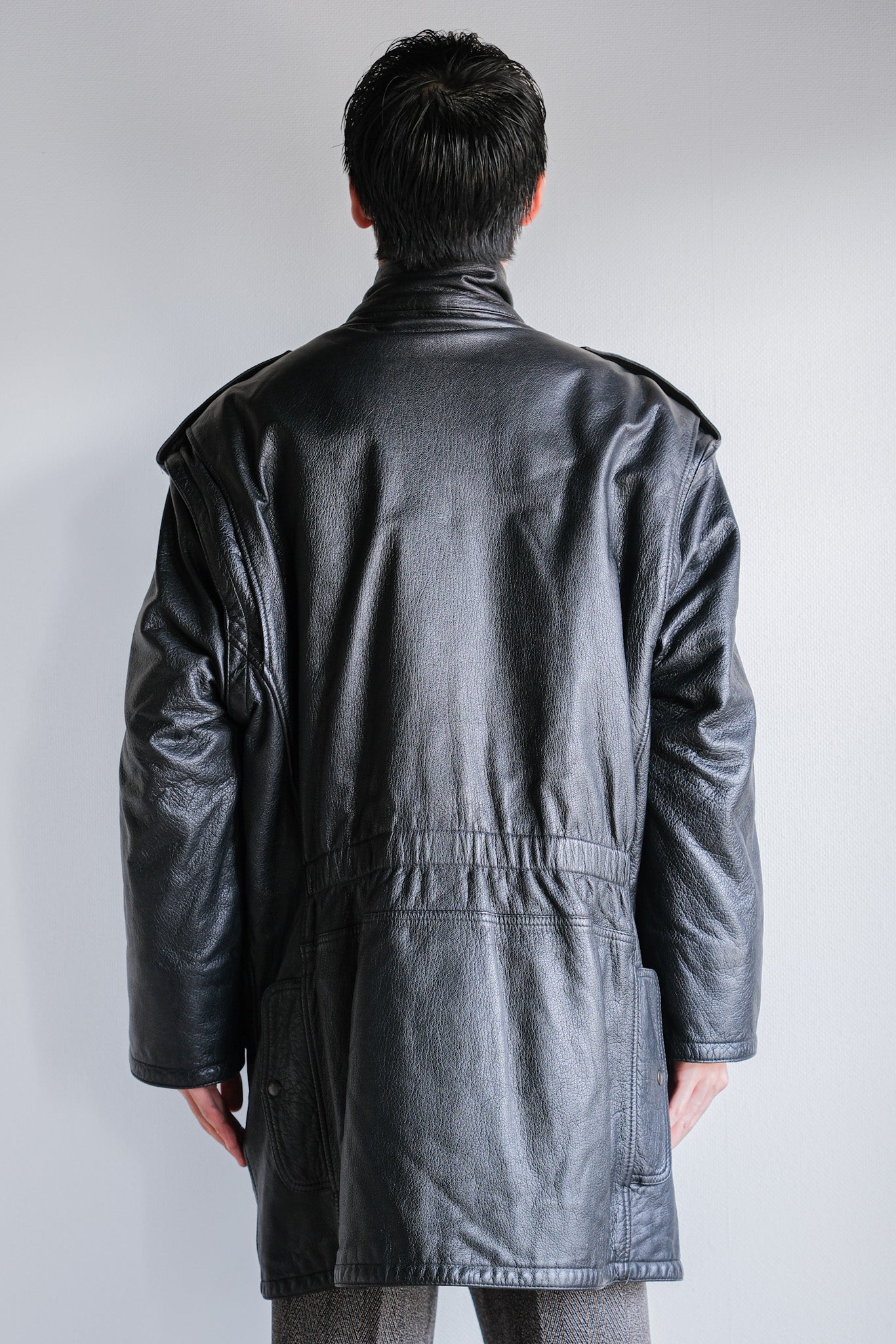 ［~80's］Old Renoma Paris Black Leather Detachable Sleeve Multi Pocket Jacket With Liner Size.XXL