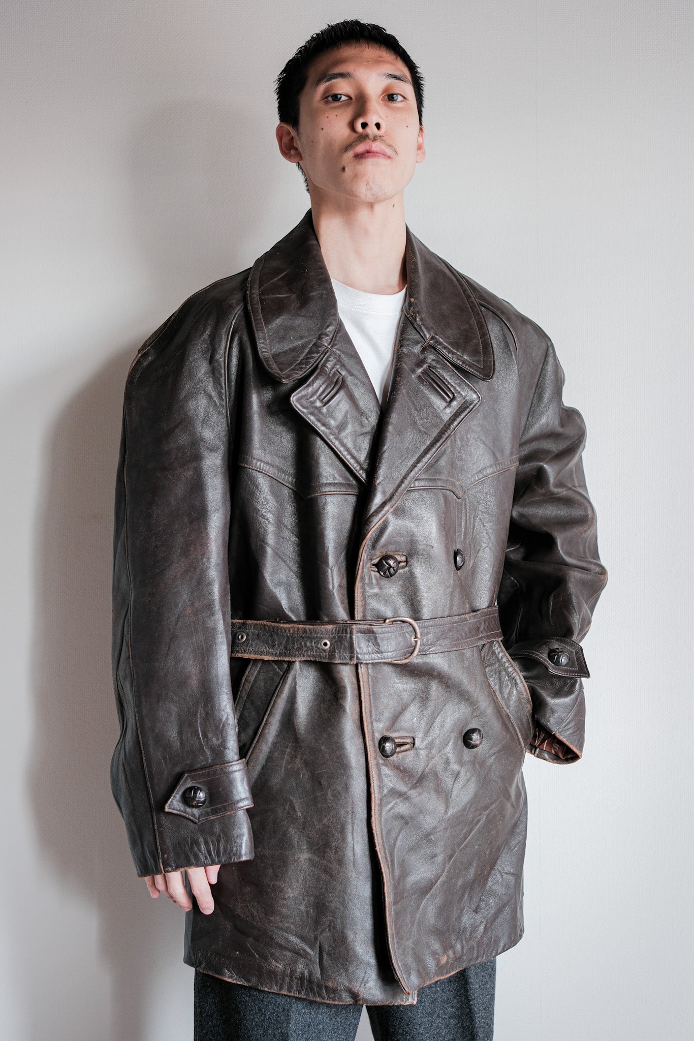 [〜50年代]法國復古雙胸皮革工作外套。54“ Adolphe Lafont”