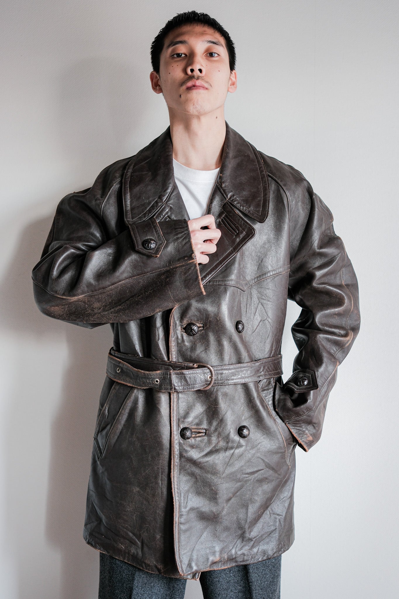 [~ 50's] French Vintage Double Breasted Leather Coat Size.54 "Adolphe Lafont"