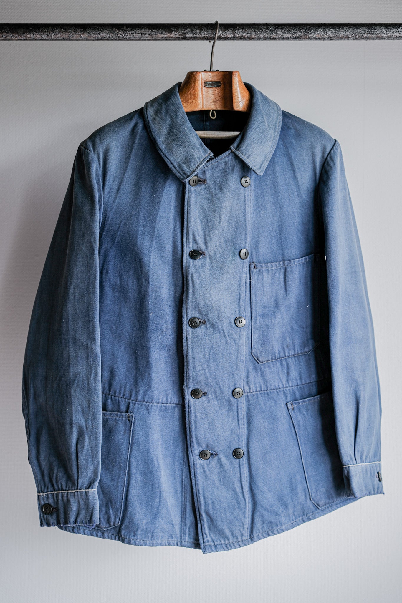 【~20's】French Vintage Blue Moleskin Double Breasted Work Jacket "Adolphe Lafont"