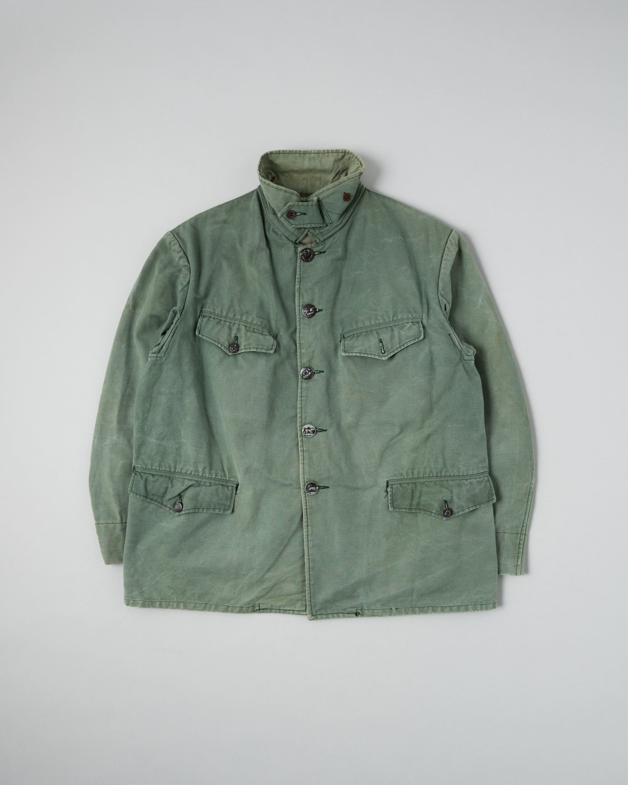 ［~50's］French Vintage Green Cotton Canvas Hunting Jacket With Chin Strap