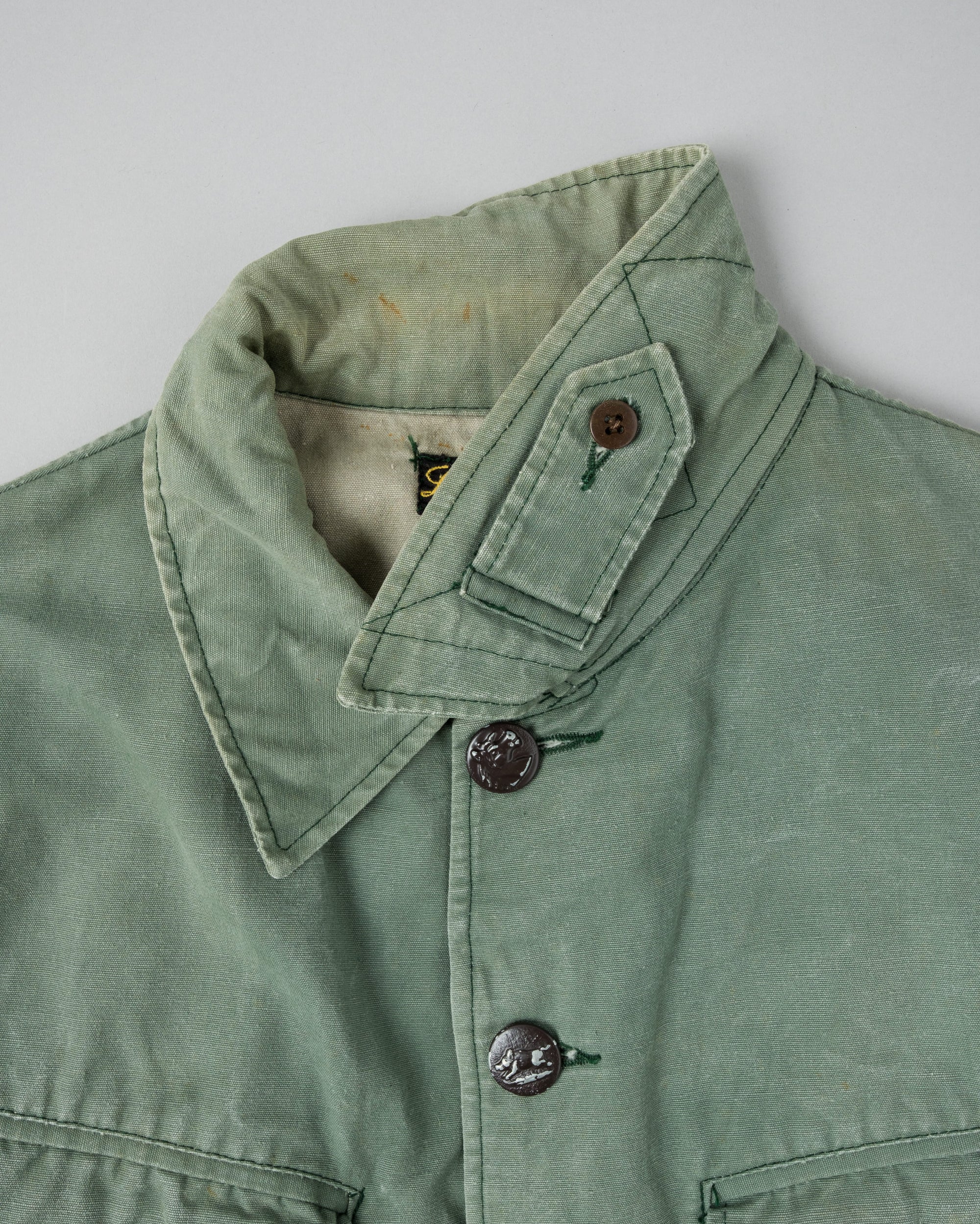 ［~50's］French Vintage Green Cotton Canvas Hunting Jacket With Chin Strap