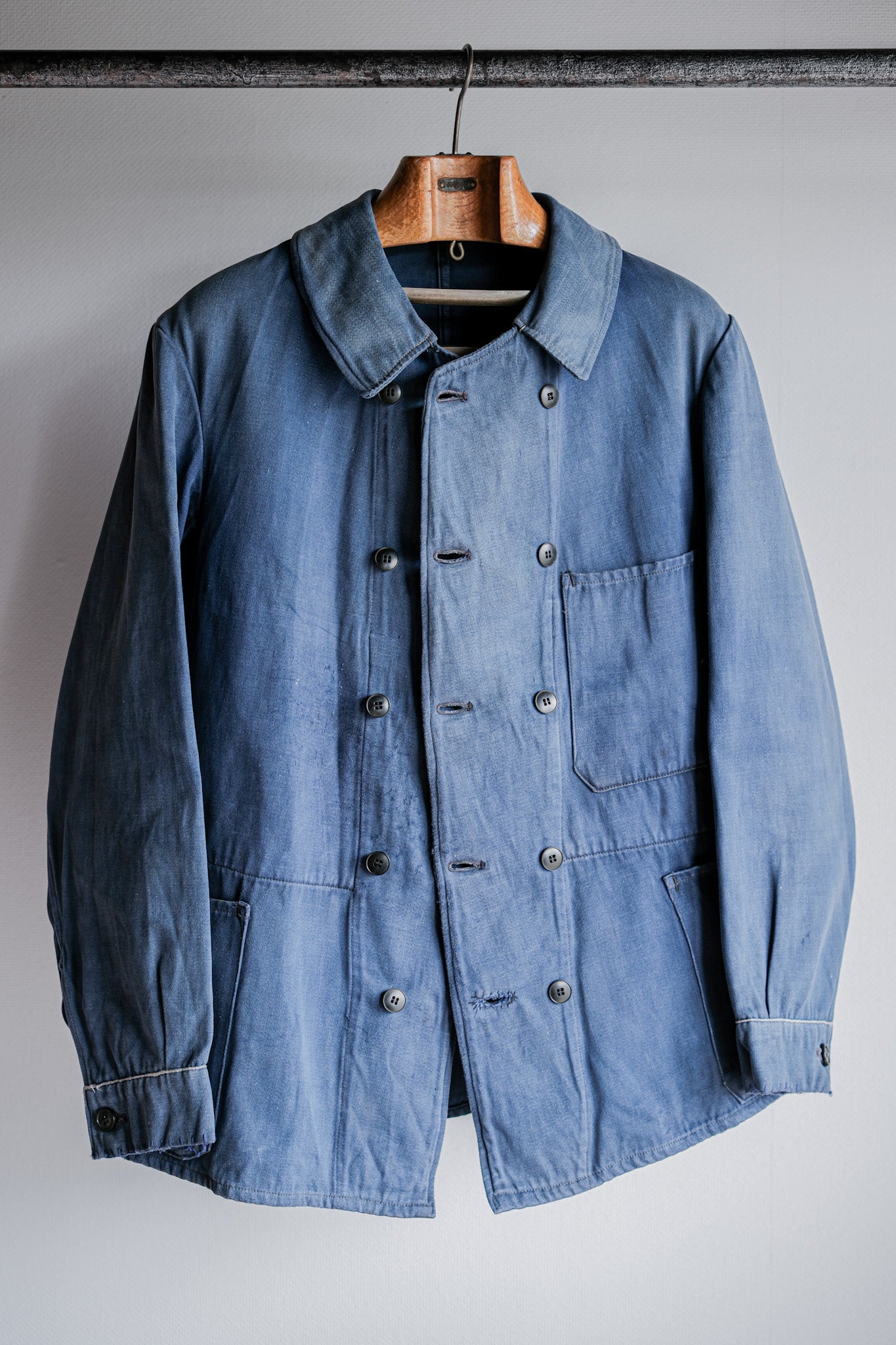 [~ 20's] French Vintage Blue Moleskin Double Breasted Work Jacket "Adolphe Lafont"