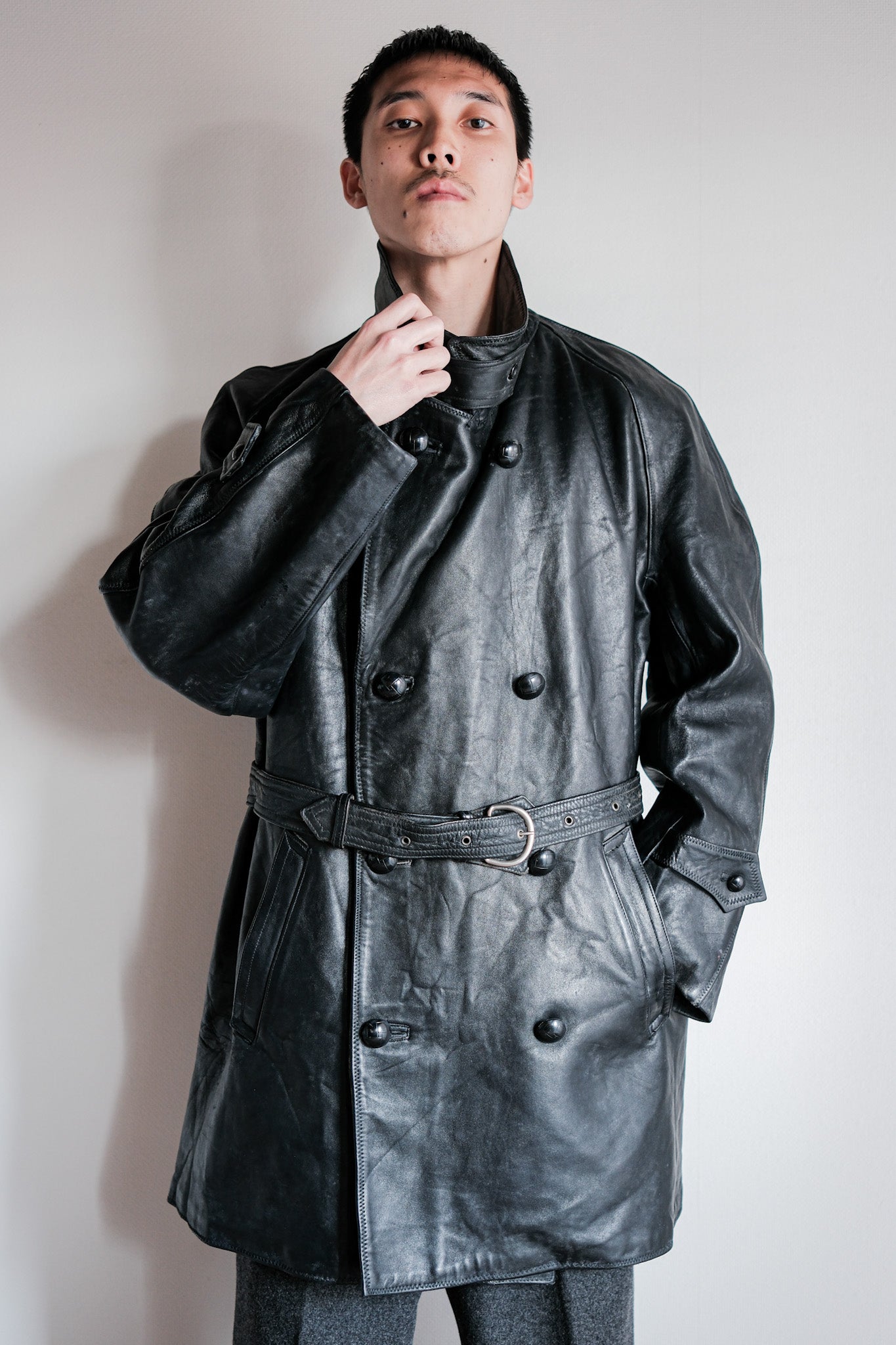 ［~50's］Italian Army Police Double Breasted Leather Coat Size.2 "Carabinieri"