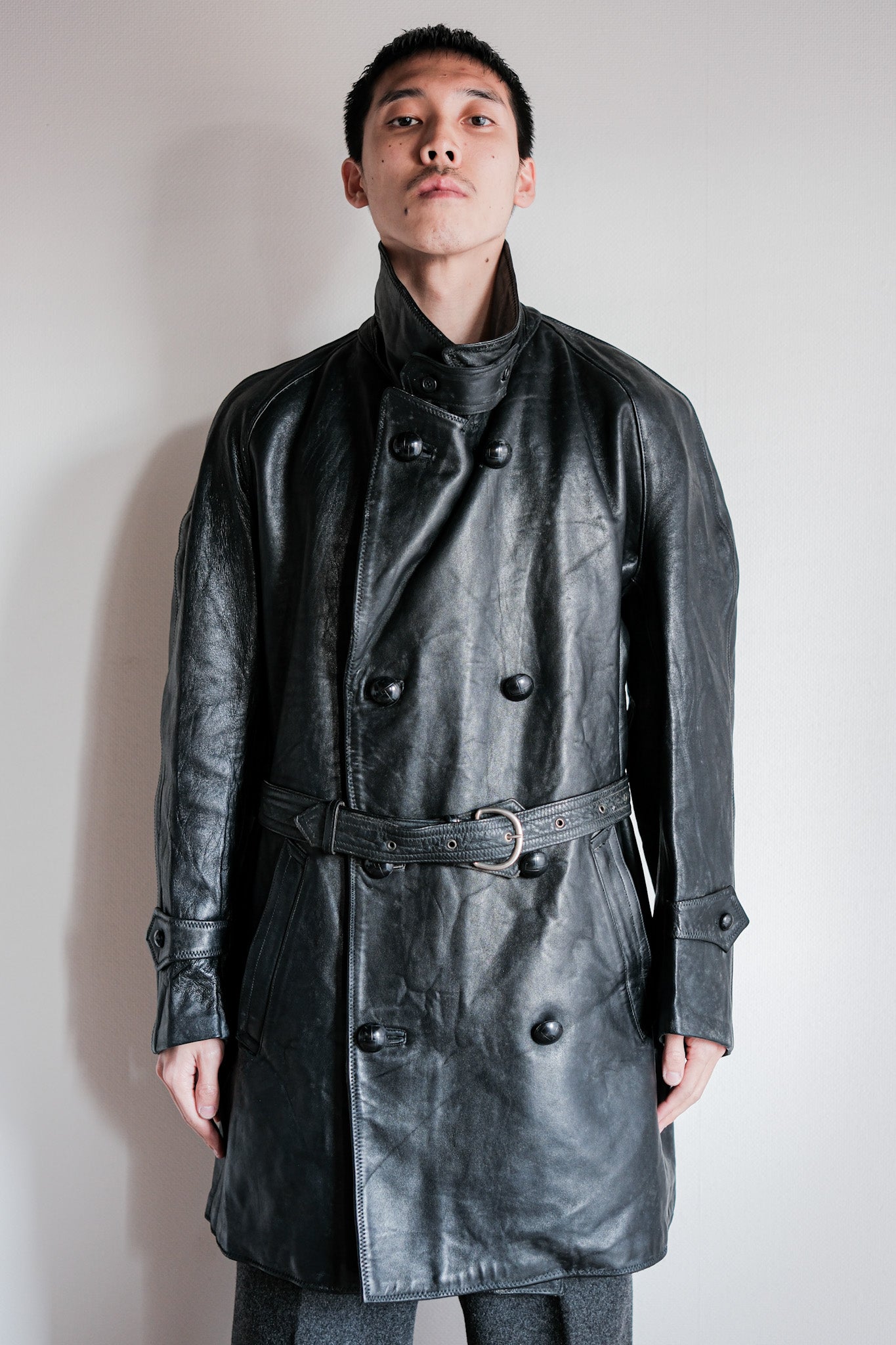 ［~50's］Italian Army Police Double Breasted Leather Coat Size.2 "Carabinieri"