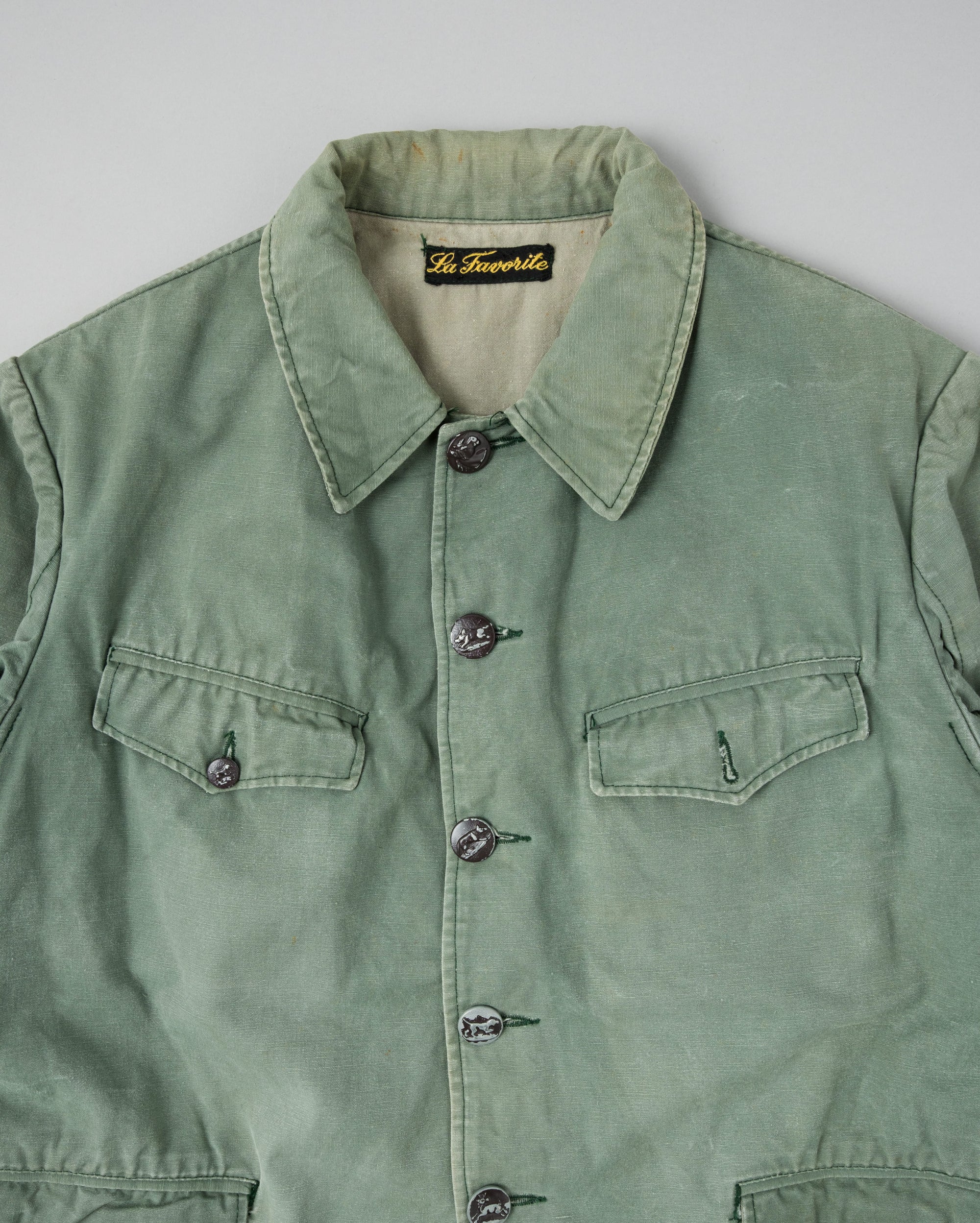 ［~50's］French Vintage Green Cotton Canvas Hunting Jacket With Chin Strap