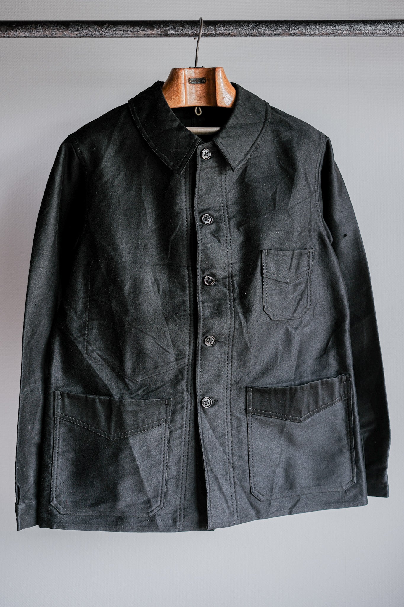 [~ 30's] French Vintage Black Moleskin Work Jacket "Le Mont St. Michel"