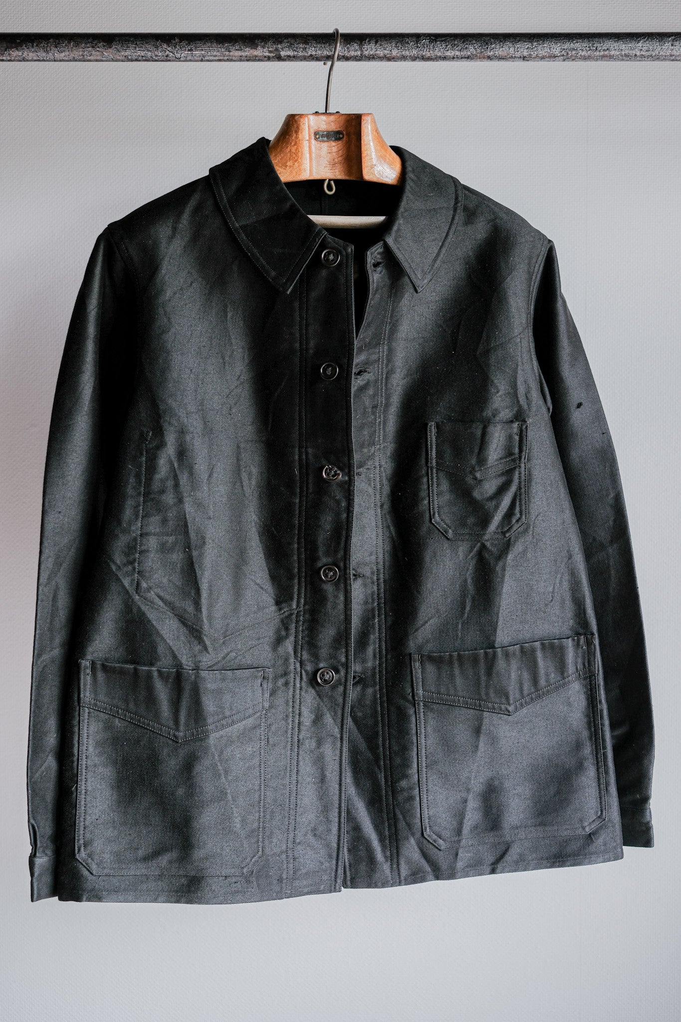 [~ 30's] French Vintage Black Moleskin Work Jacket "Le Mont St. Michel"