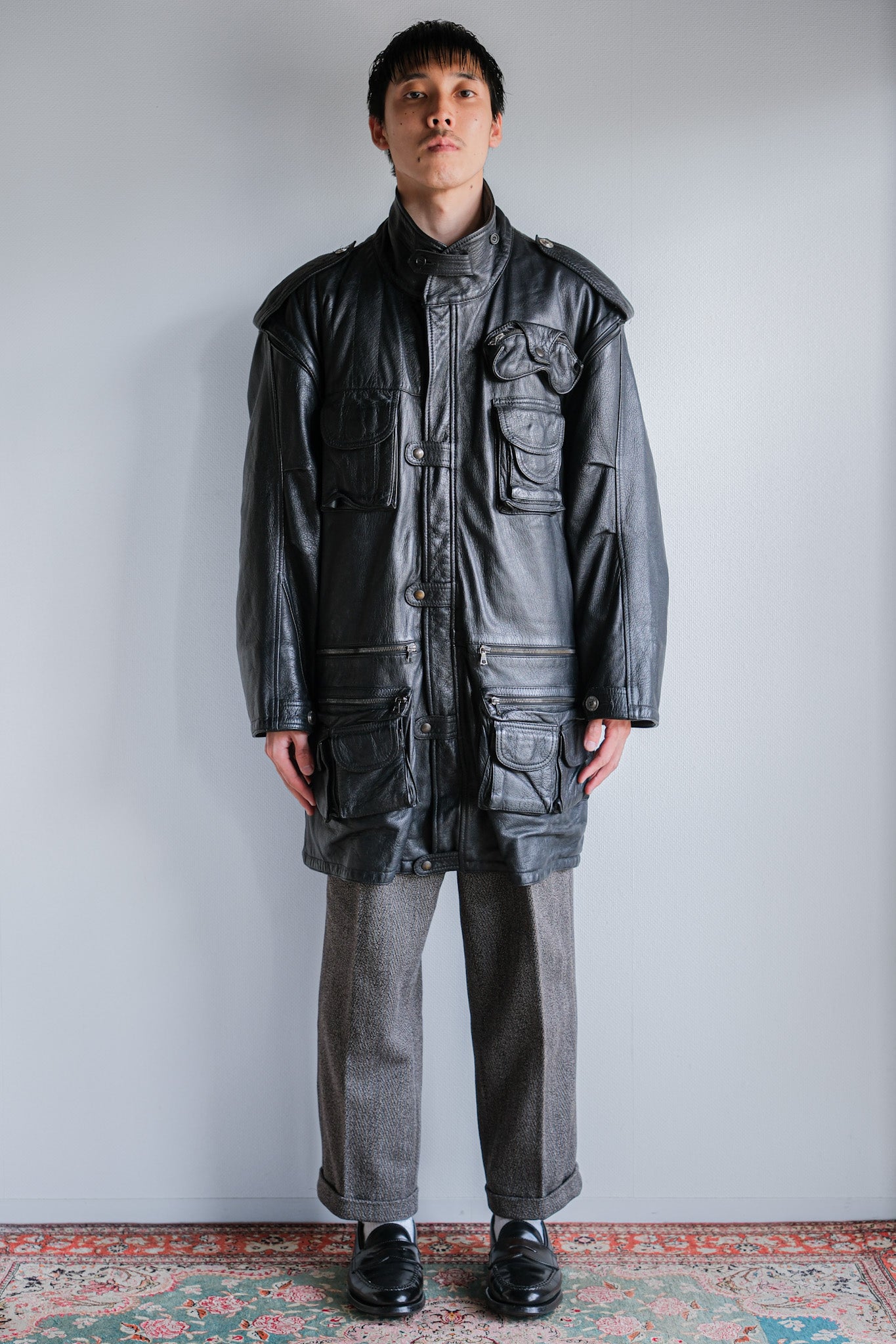 ［~80's］Old Renoma Paris Black Leather Detachable Sleeve Multi Pocket Jacket With Liner Size.XXL
