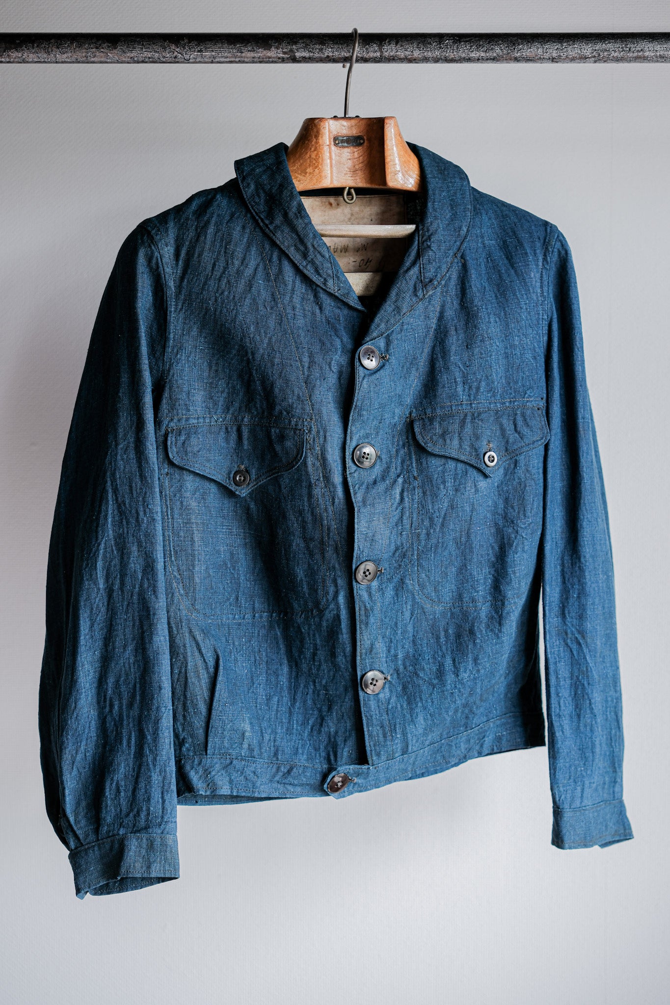 【~40's】French Navy Indigo Linen Shawl Collar Mechanic Jacket "Marine Nationale"