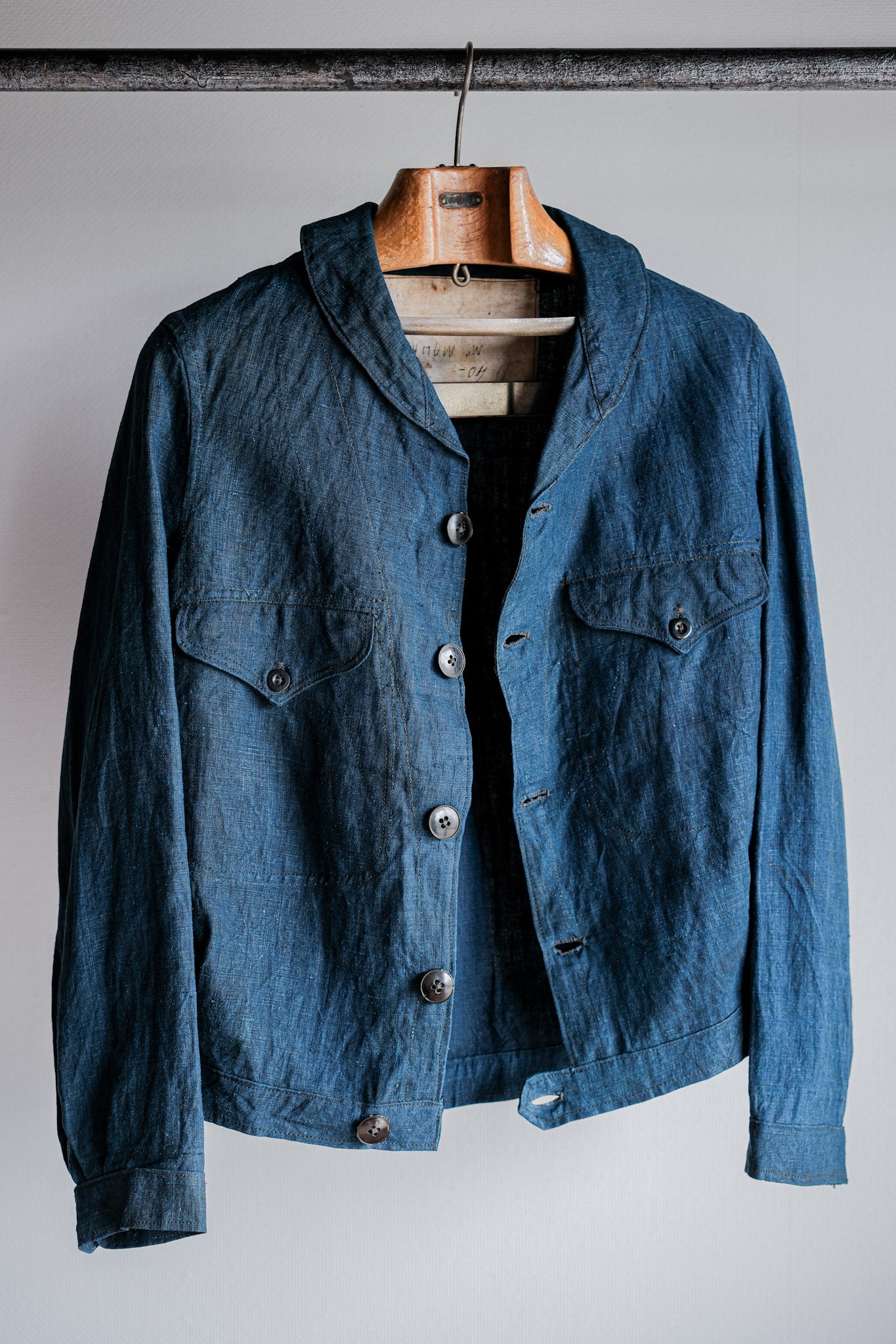 【~40's】French Navy Indigo Linen Shawl Collar Mechanic Jacket "Marine Nationale"