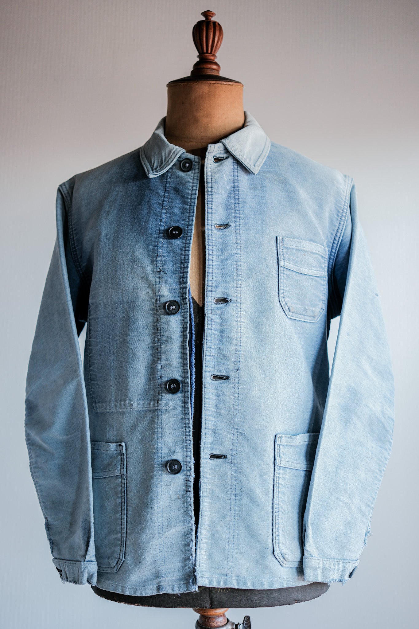 【~50’s】French Vintage Blue Moleskin Work Jacket Size.48 "Le Mont St. Michel"