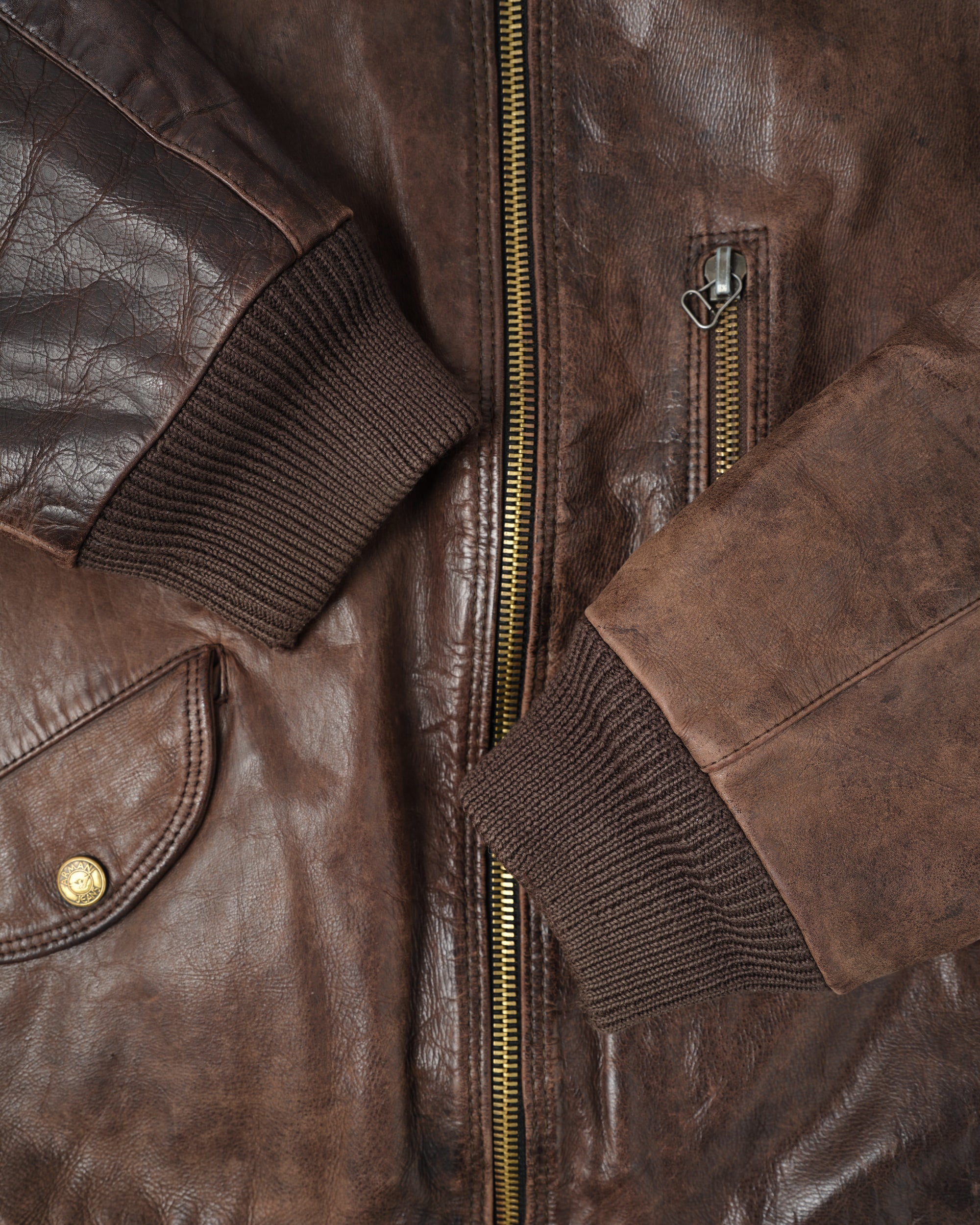 ［~90’s］Old ARMANI JEANS Leather Bomber Jacket Size.50