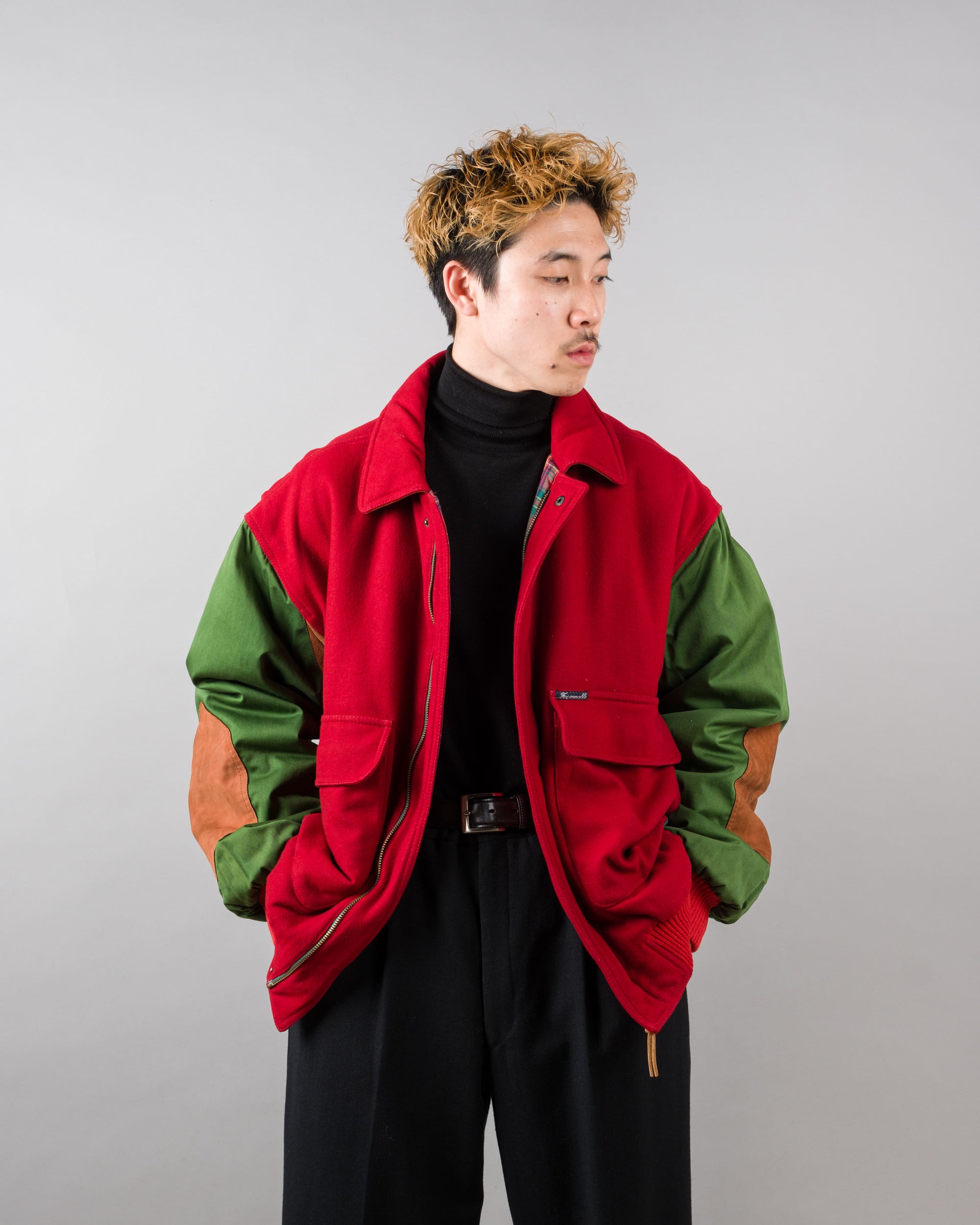 【~80’s】Vintage Façonnable Mixed Wool Crazy Pattern Blouson With Chin Strap Size.L